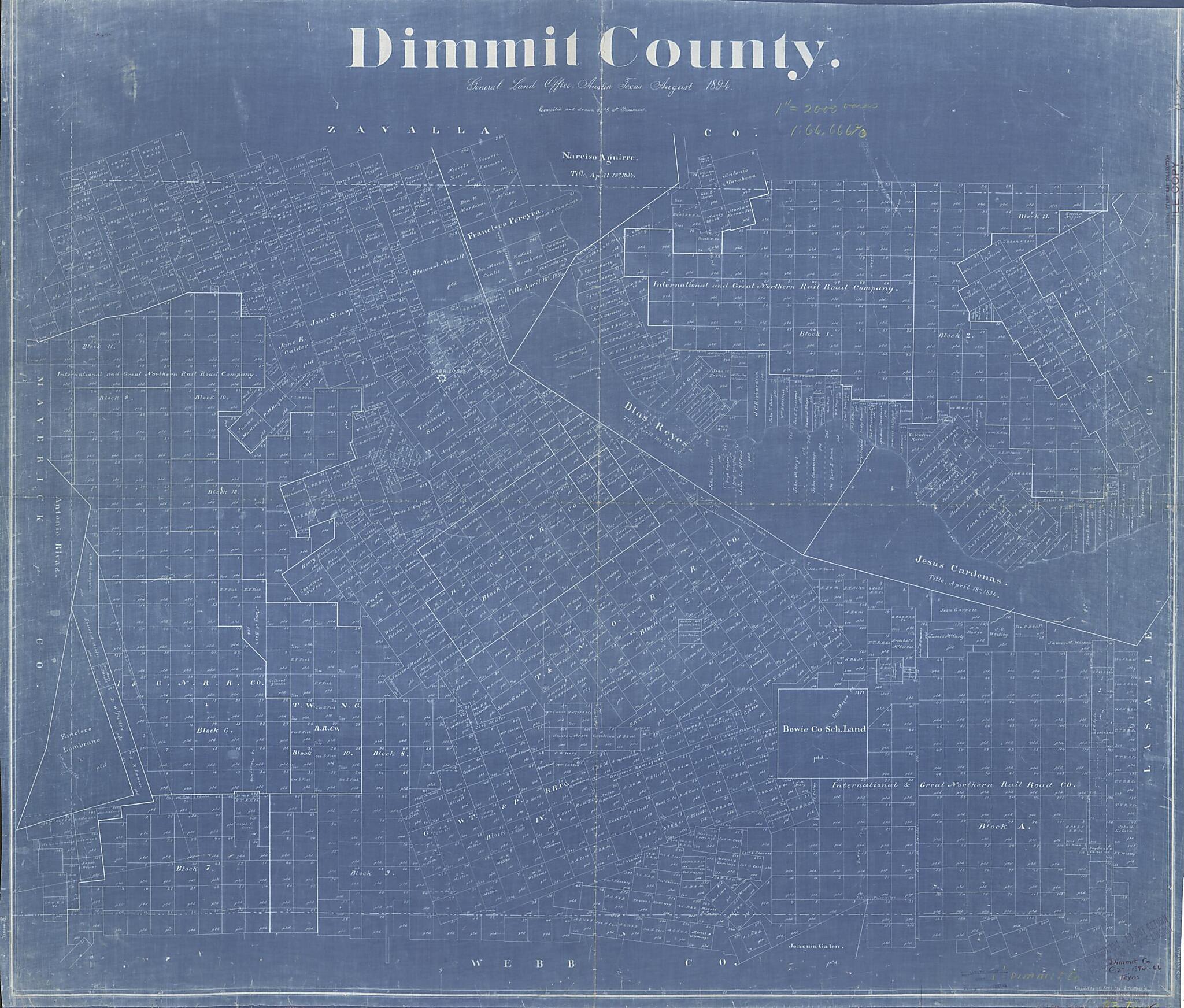 This old map of Dimmit County from 1894 was created by G. N. Beaumont, Texas. General Land Office in 1894