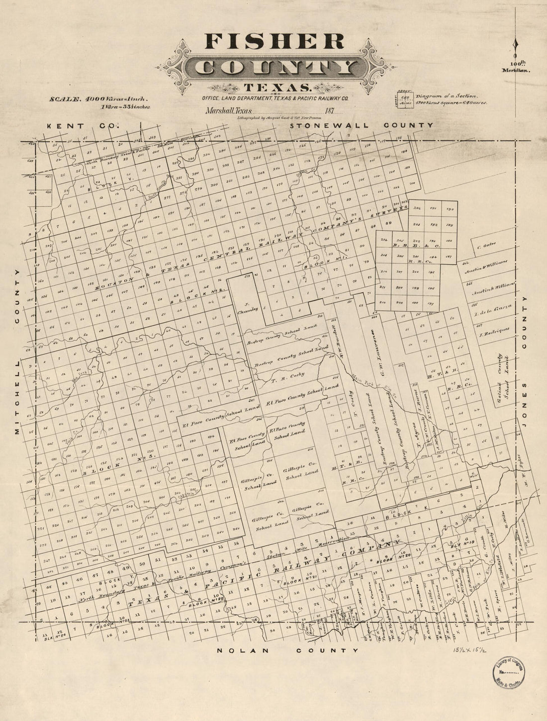This old map of Fisher County, Texas from 1870 was created by August Gast & Co, Texas & Pacific Railway in 1870