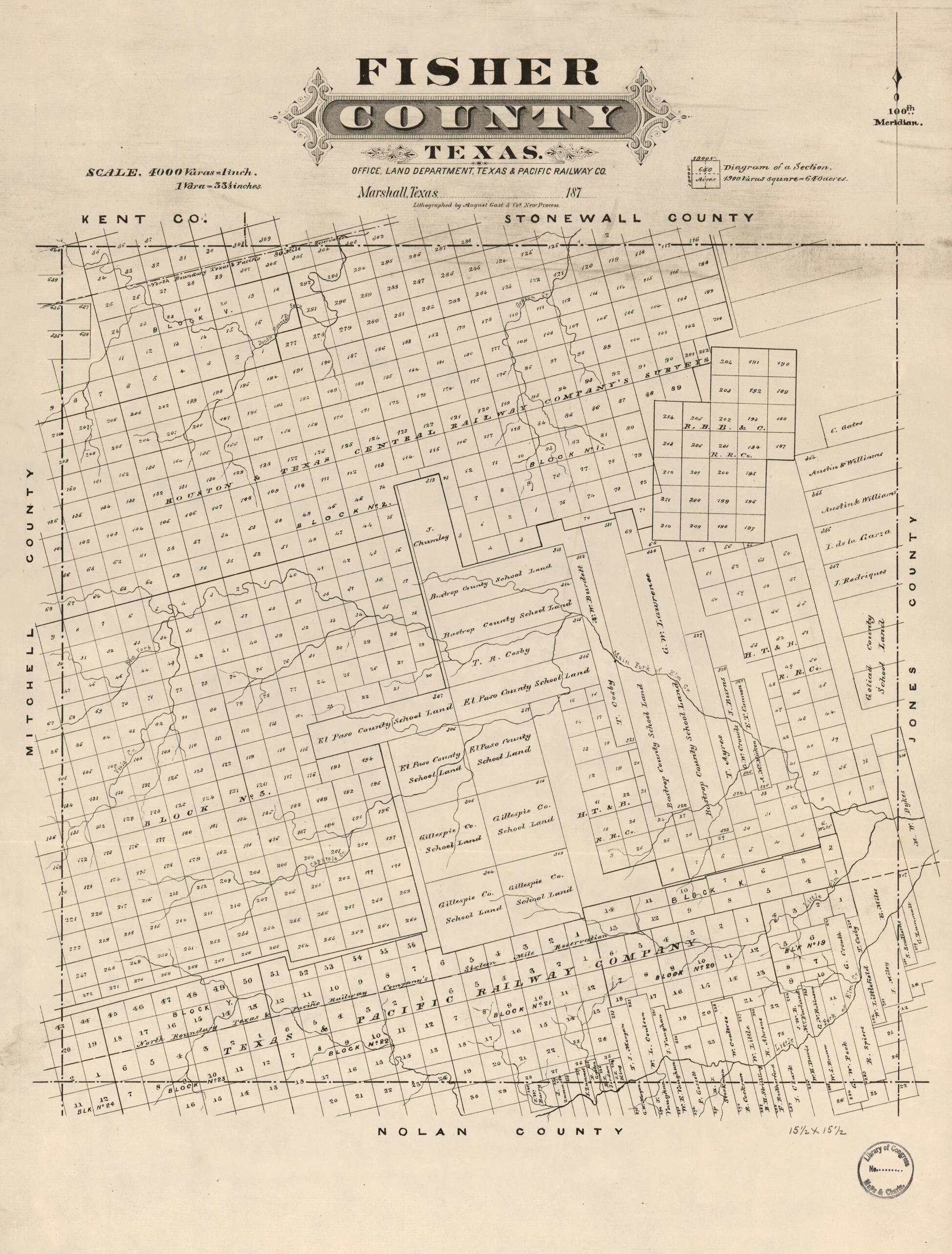 This old map of Fisher County, Texas from 1870 was created by August Gast & Co, Texas & Pacific Railway in 1870