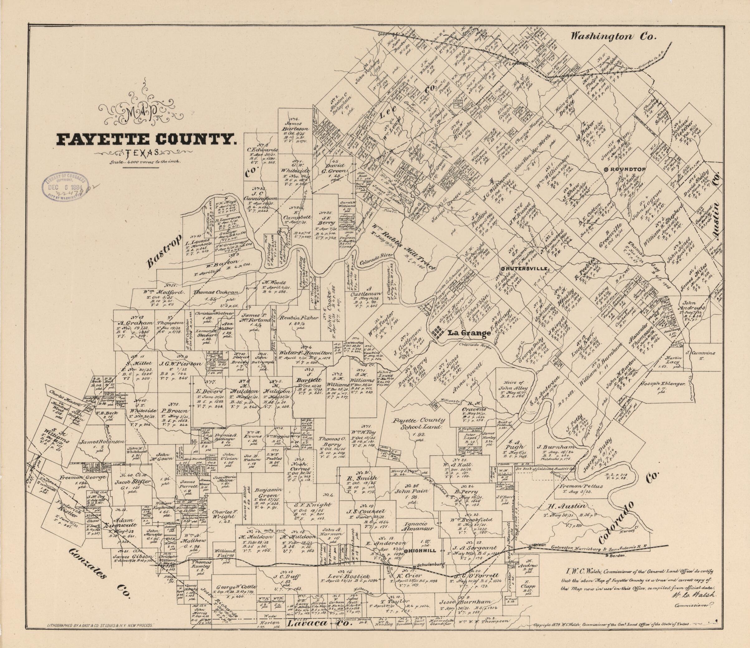 This old map of Map Fayette County, Texas from 1879 was created by August Gast & Co, Texas. General Land Office, W. C. (William C.) Walsh in 1879