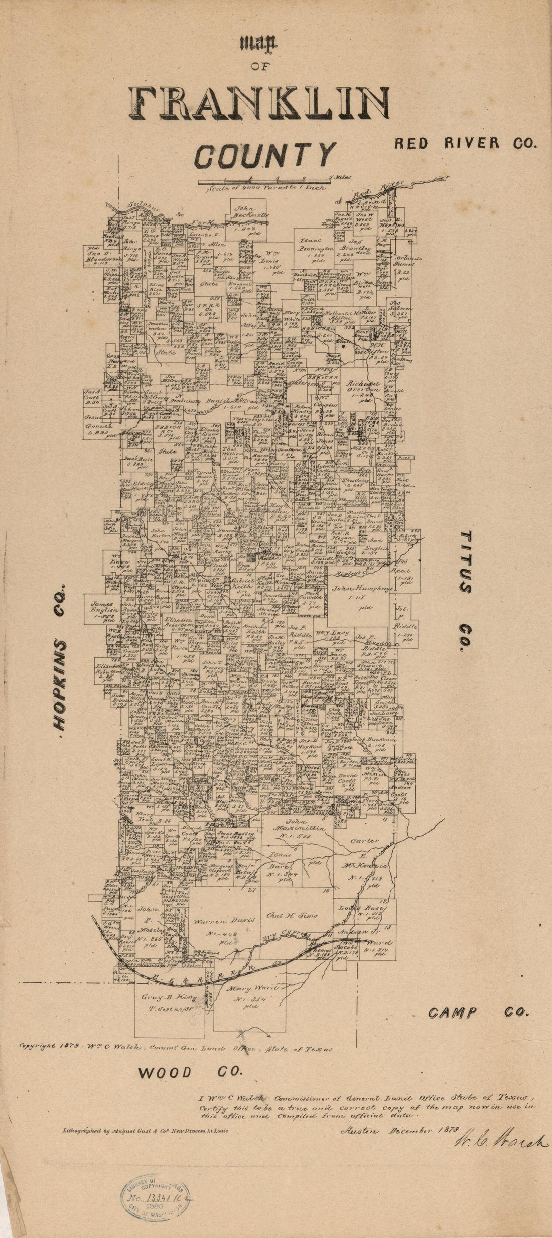 This old map of Map of Franklin County from 1879 was created by August Gast & Co, Texas. General Land Office, W. C. (William C.) Walsh in 1879