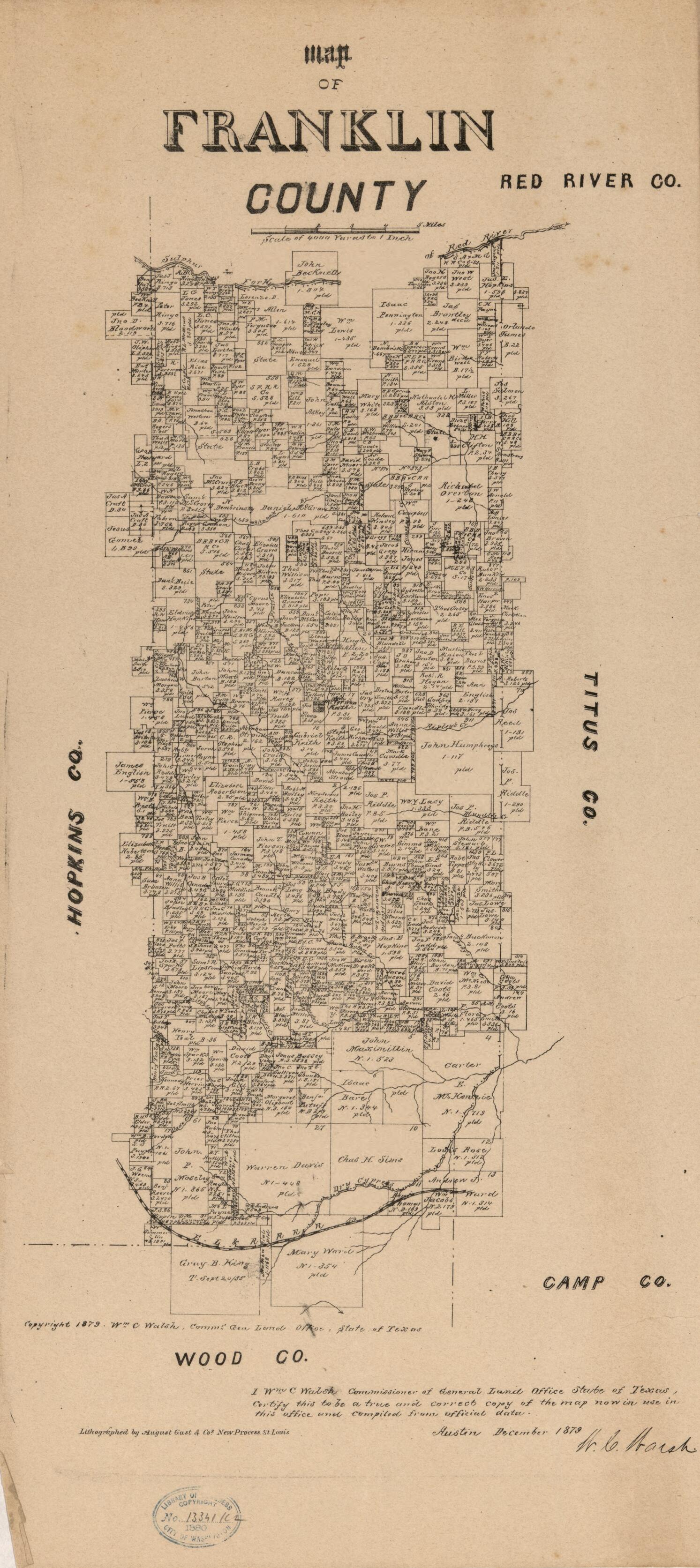 This old map of Map of Franklin County from 1879 was created by August Gast & Co, Texas. General Land Office, W. C. (William C.) Walsh in 1879