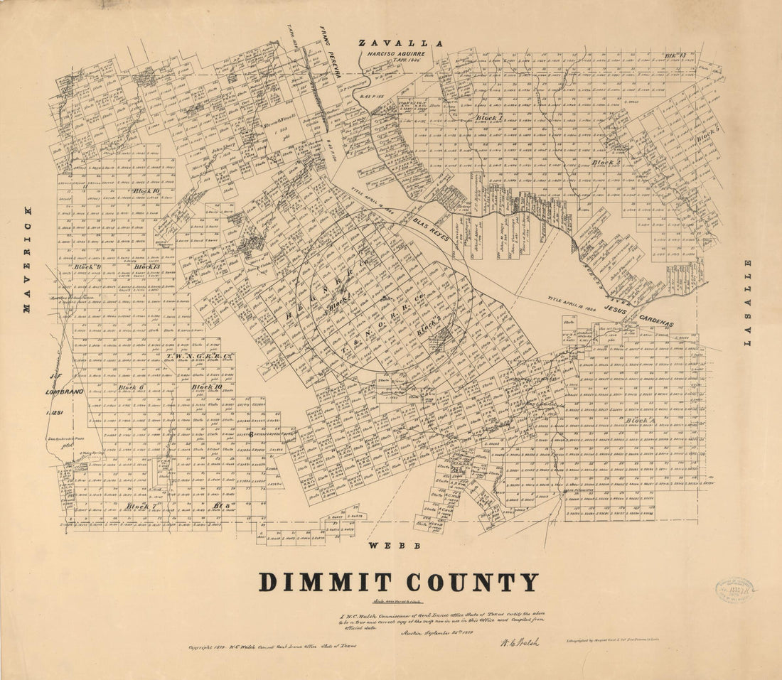 This old map of Dimmit County from 1879 was created by August Gast & Co, Texas. General Land Office, W. C. (William C.) Walsh in 1879