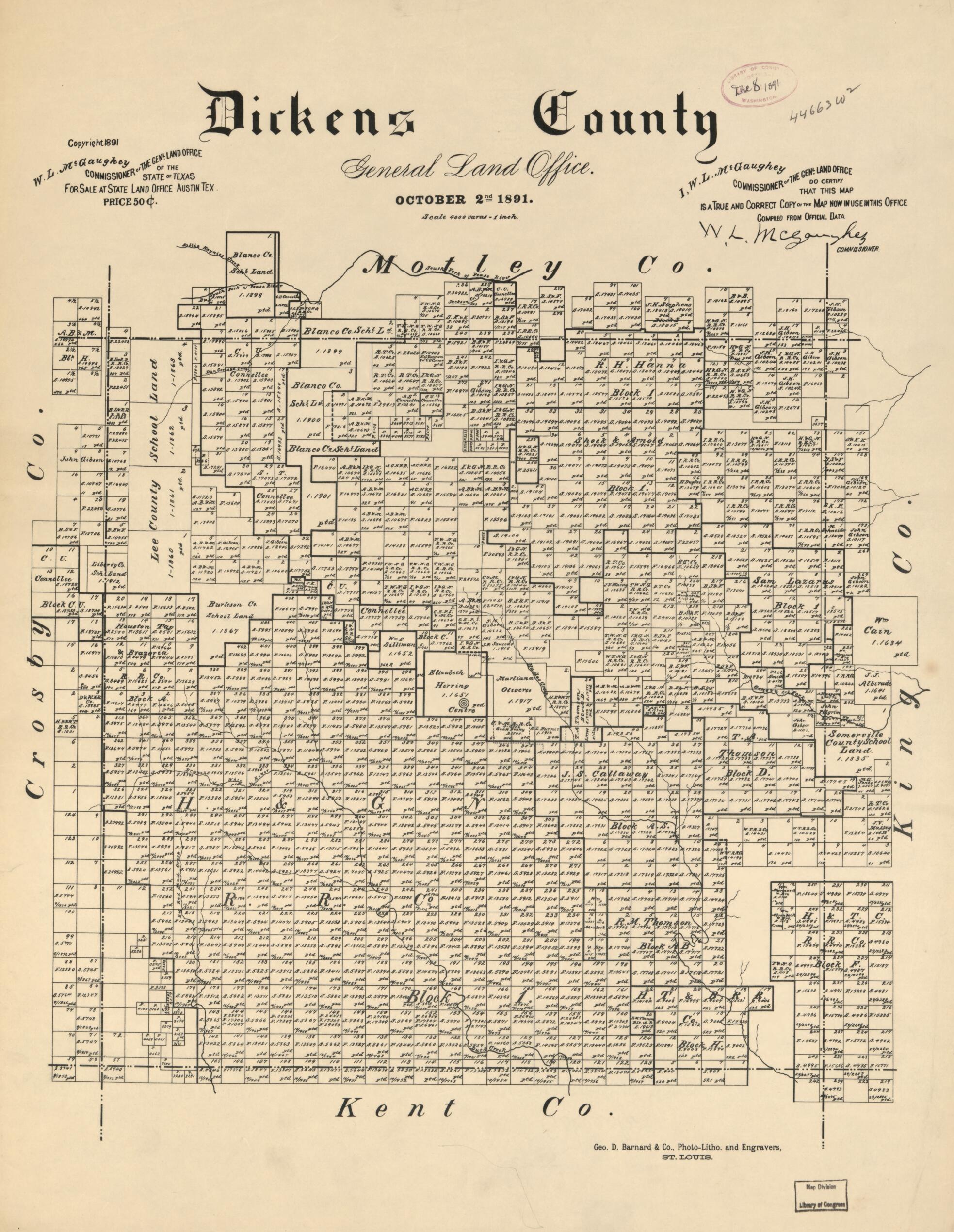 This old map of Dickens County from 1891 was created by W. L. McGaughey, Texas. General Land Office in 1891