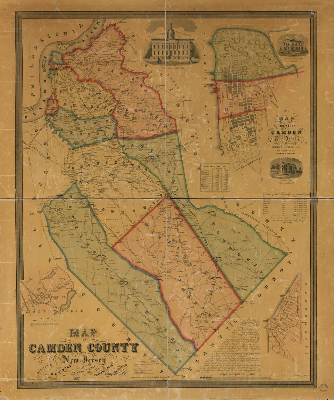 This old map of Map of Camden County, New Jersey from 1857 was created by Rufus L. Barnes, Friend & Aub, Frederick Carles Merry, Edward H. Saunders, Lloyd Vanderveer, Wagner & M&