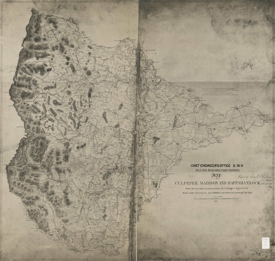 This old map of Map of Culpeper, Madison and Rappahannock from 1864 was created by Albert H. (Albert Henry) Campbell, Confederate States of America. Army. Department of Northern Virginia, C. S. Dwight, Jeremy Francis Gilmer, Louisa Porter Minis, United