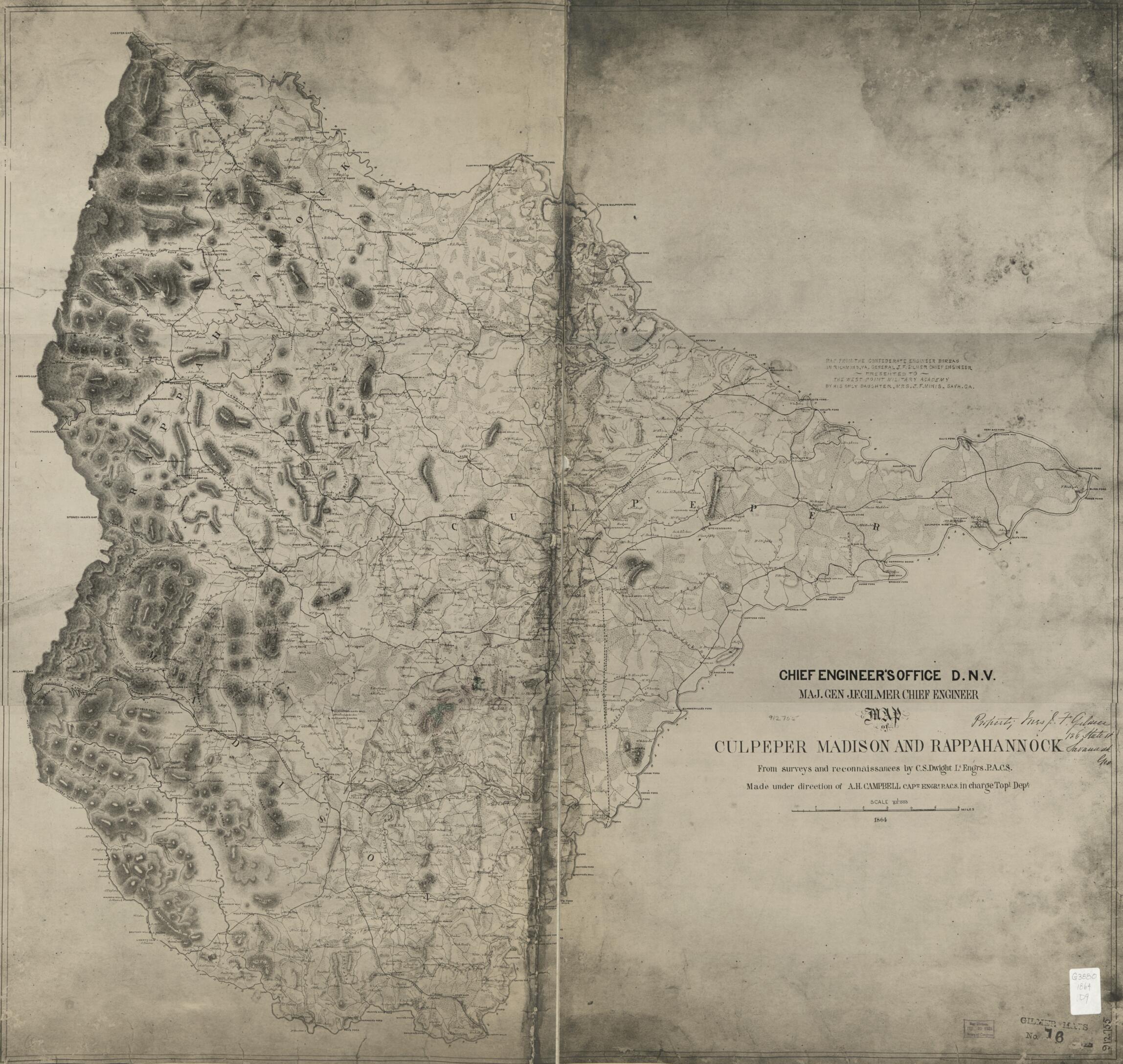 This old map of Map of Culpeper, Madison and Rappahannock from 1864 was created by Albert H. (Albert Henry) Campbell, Confederate States of America. Army. Department of Northern Virginia, C. S. Dwight, Jeremy Francis Gilmer, Louisa Porter Minis, United