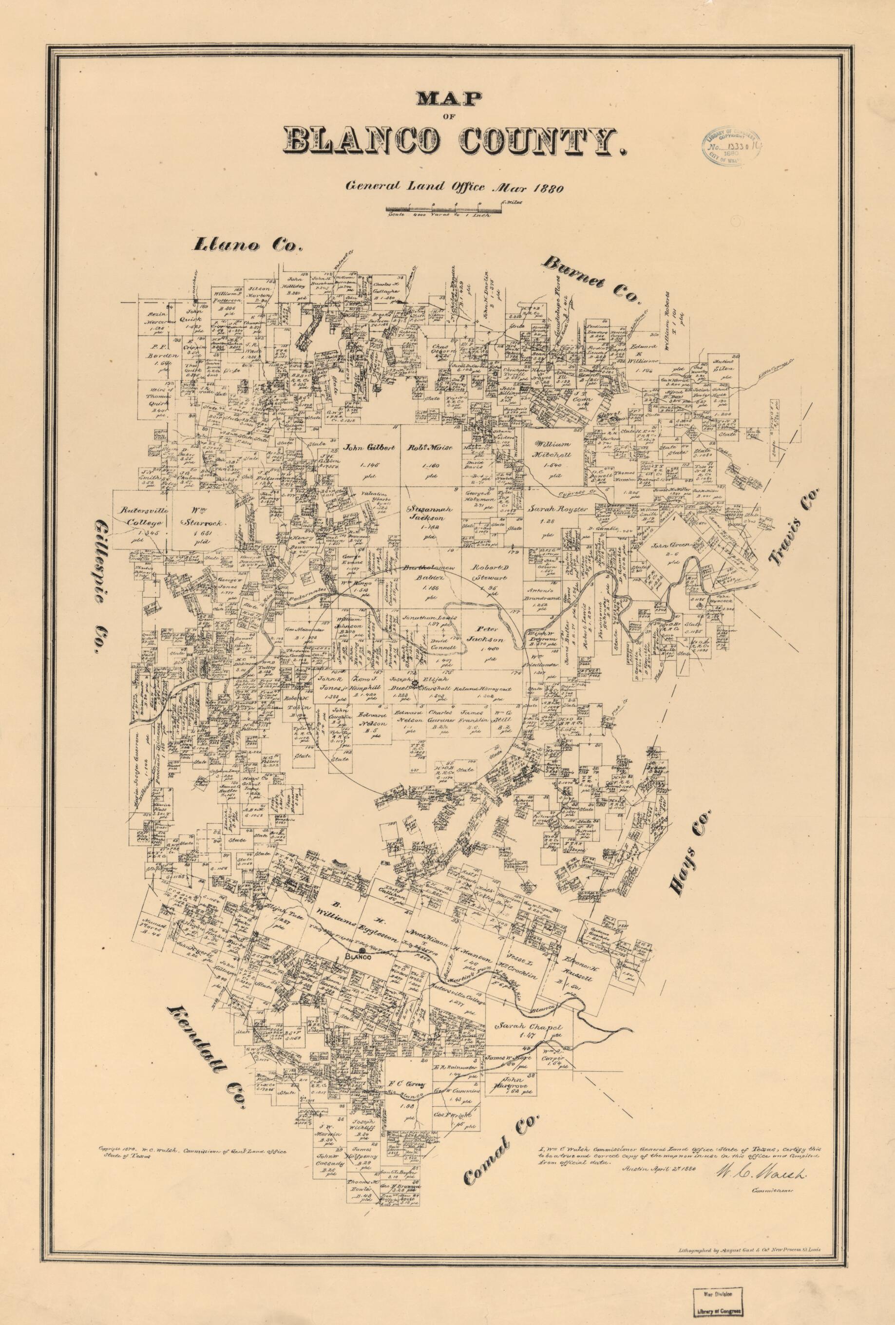 This old map of Map of Blanco County / General Land Office Mar from 1880 was created by August Gast & Co, Texas. General Land Office, W. C. (William C.) Walsh in 1880