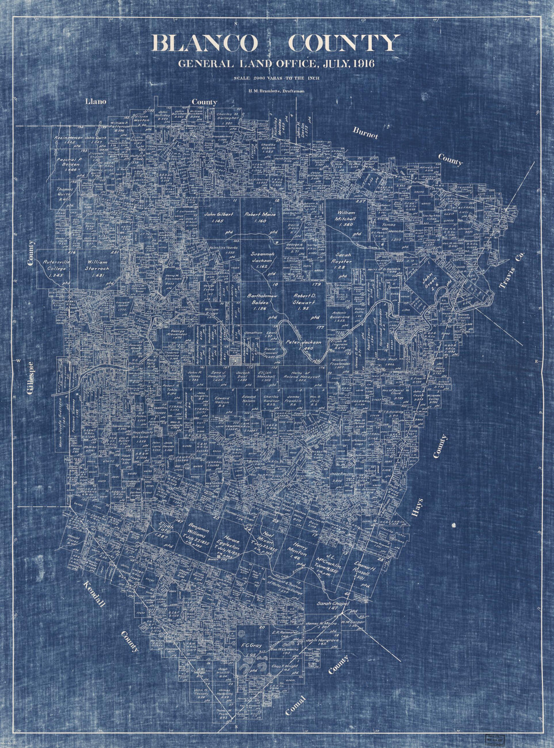 This old map of Blanco County from 1916 was created by Texas. General Land Office in 1916