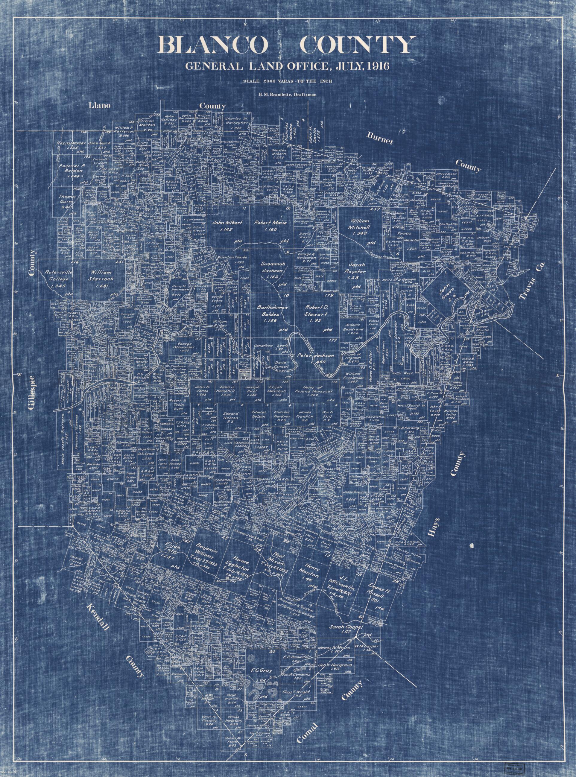This old map of Blanco County from 1916 was created by Texas. General Land Office in 1916