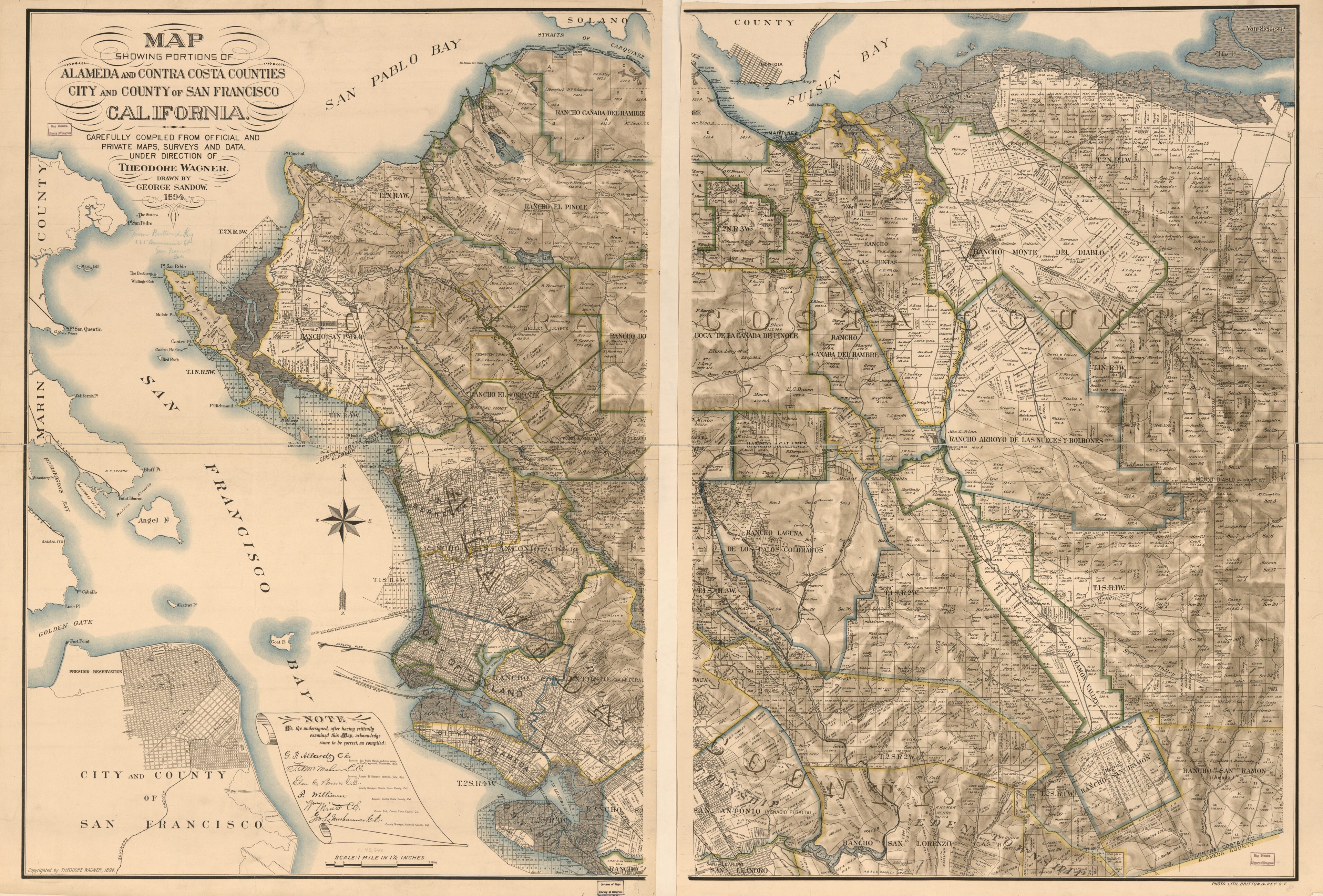 This old map of Map Showing Portions of Alameda and Contra Costa Counties, City and County of San Francisco, California, Carefully Compiled from Official and Private Maps, Surveys and Data from 1894 was created by Britton & Rey, George Sandow, Theodore