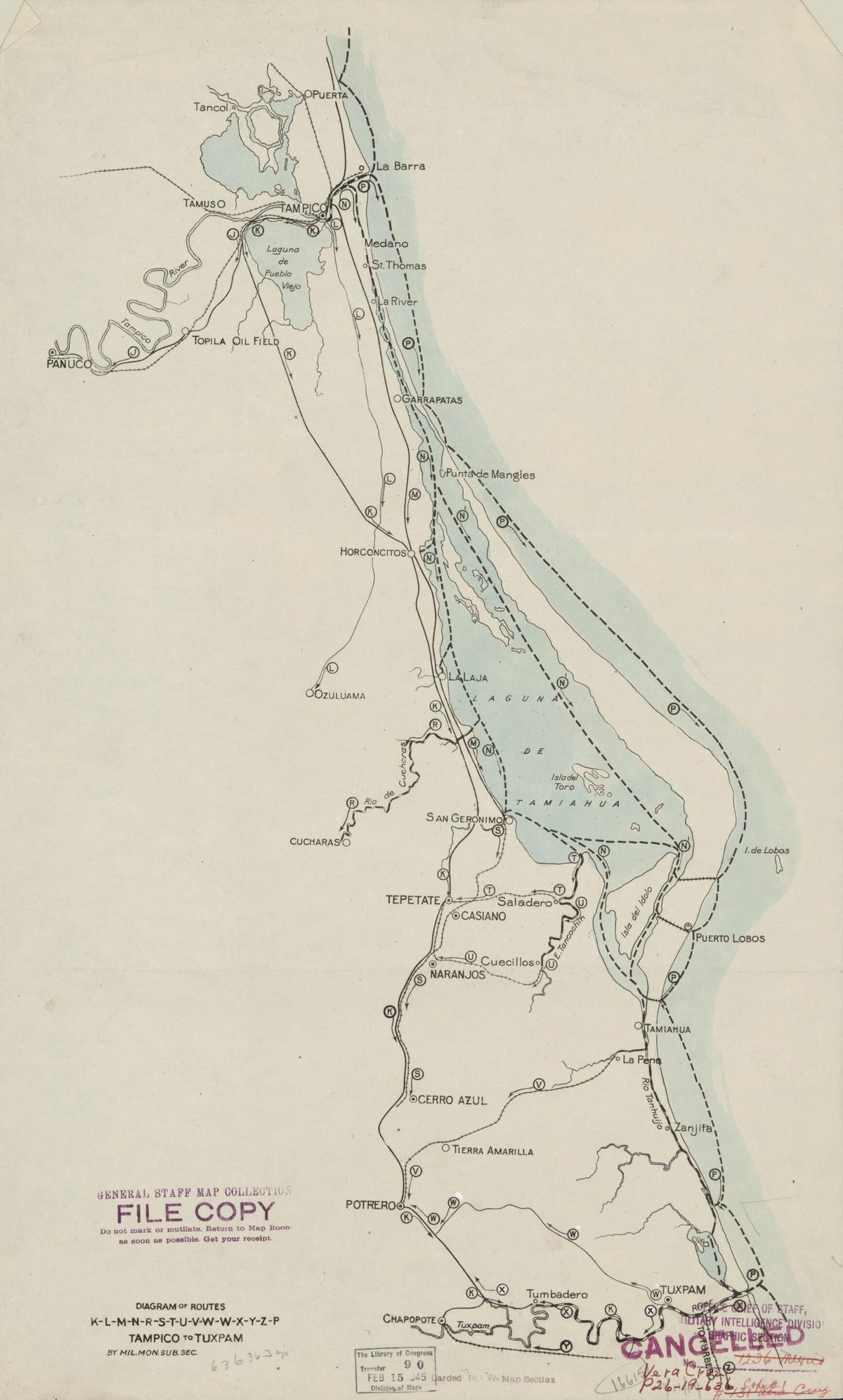 L-M-N-R-S-T-U-V-W-X-Y-Z-P, Tampico to Tuxpam. (Diagram of Routes K, L, M, N, R, S,T, U, V, W, X, Y, Z, P, Tampico to Tuxpam) 1919 by Relic Map Company