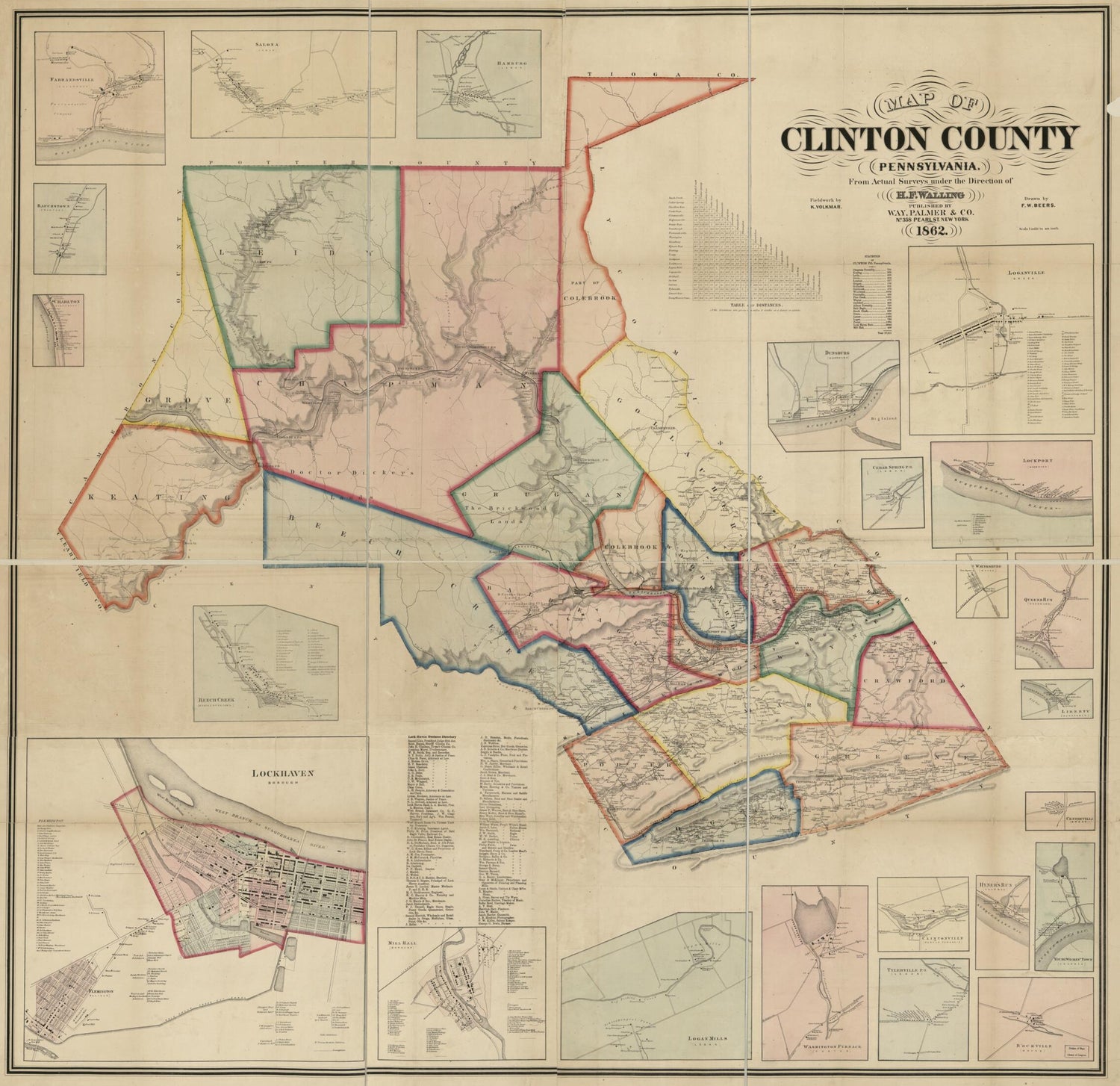 This old map of Map of Clinton County, Pennsylvania : from Actual Surveys from 1862 was created by F. W. (Frederick W.) Beers, K. Volkmar, Henry Francis Walling, Palmer & Co Way in 1862