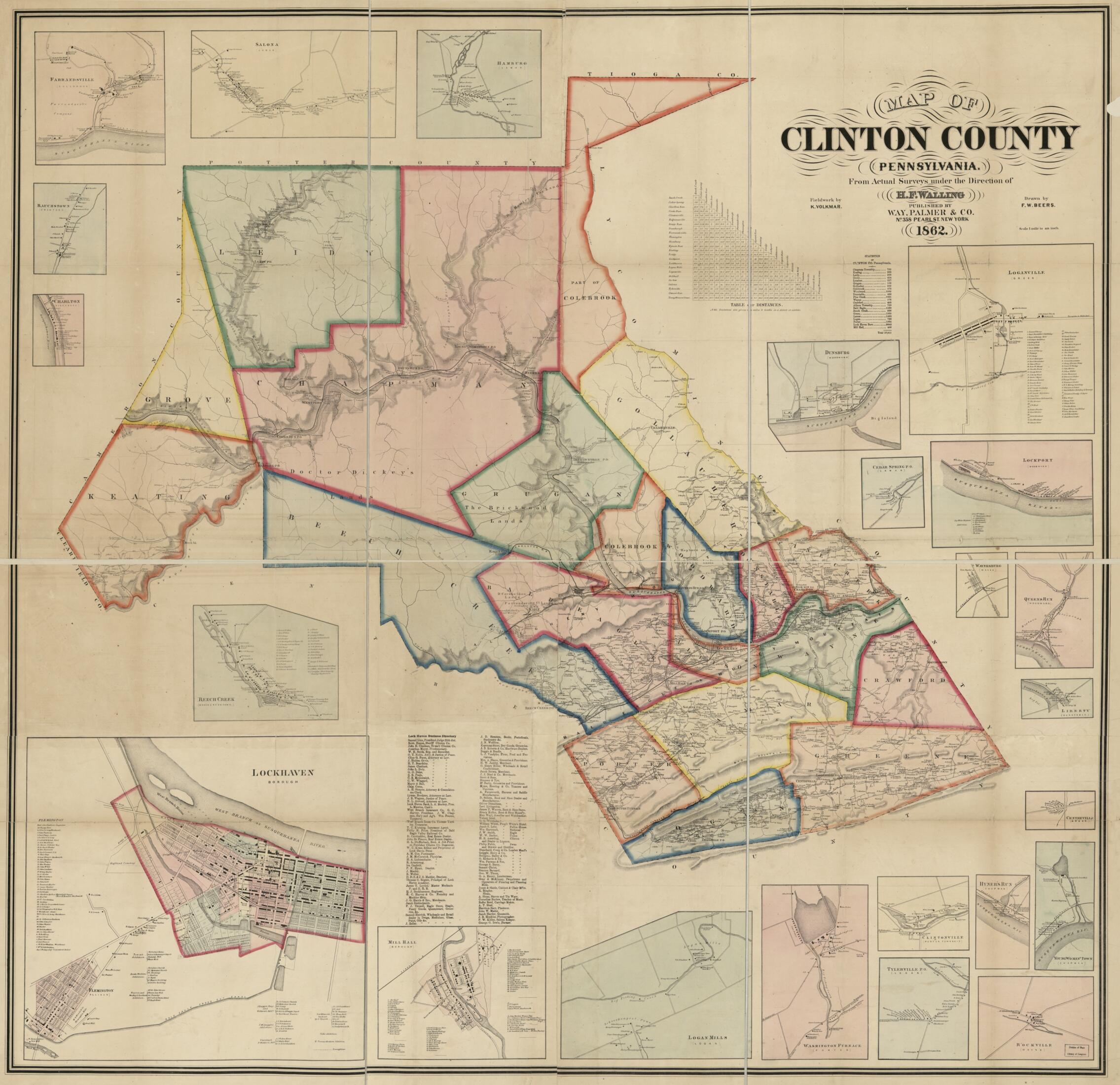 This old map of Map of Clinton County, Pennsylvania : from Actual Surveys from 1862 was created by F. W. (Frederick W.) Beers, K. Volkmar, Henry Francis Walling, Palmer & Co Way in 1862