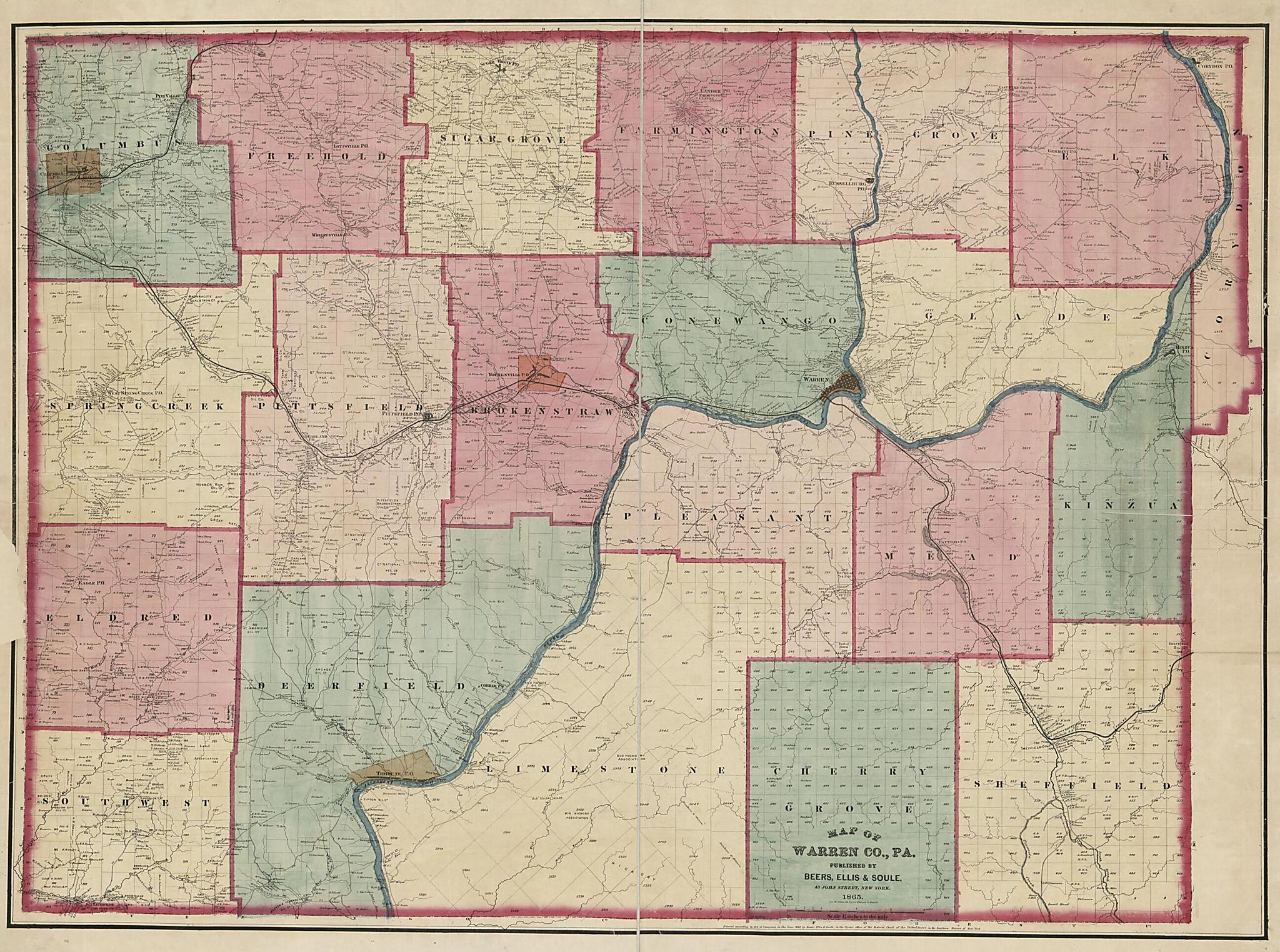 This old map of Map of Warren County, Pennsylvania from 1865 was created by Ellis & Soule Beers, James McGuigan in 1865