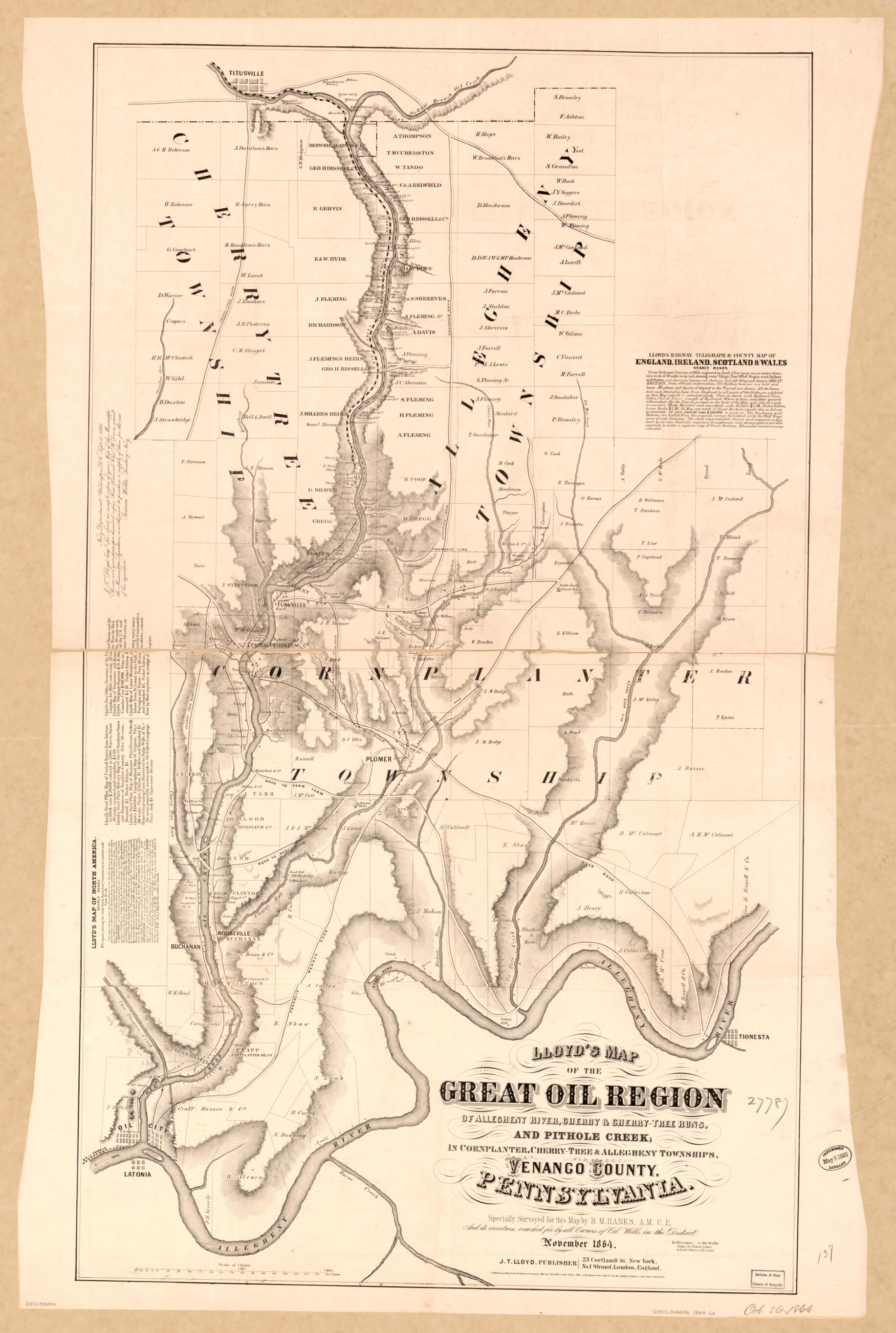 This old map of Tree Runs, and Pithole Creek : In Cornplanter, Cherry-Tree & Allegheny Townships, Venango County, Pennsylvania (Tree Runs, and Pithole Creek) from 1864 was created by James T. Lloyd in 1864