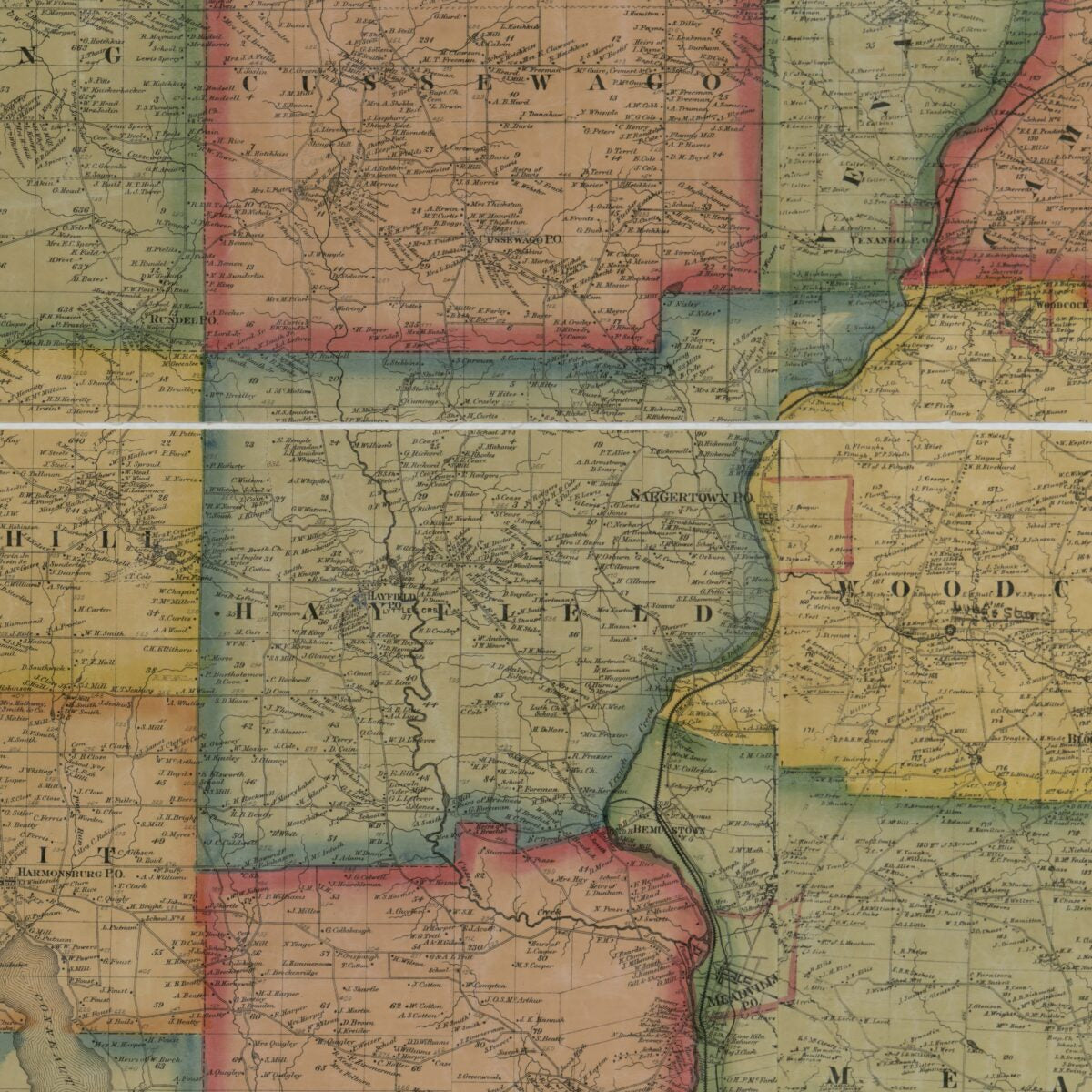 This old map of Map of Crawford Co., Pennsylvania : from Actual Surveys from 1865 was created by  A. Pomeroy & S.W. Treat, F. W. (Frederick W.) Beers, F. (Frederick) Bourquin, William Otis Shearer,  Worley & Bracher in 1865