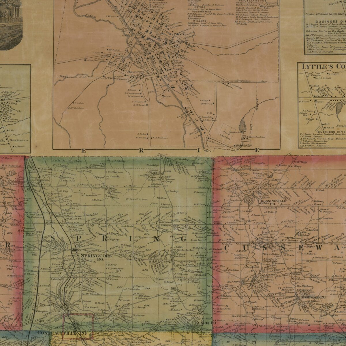 This old map of Map of Crawford Co., Pennsylvania : from Actual Surveys from 1865 was created by  A. Pomeroy & S.W. Treat, F. W. (Frederick W.) Beers, F. (Frederick) Bourquin, William Otis Shearer,  Worley & Bracher in 1865