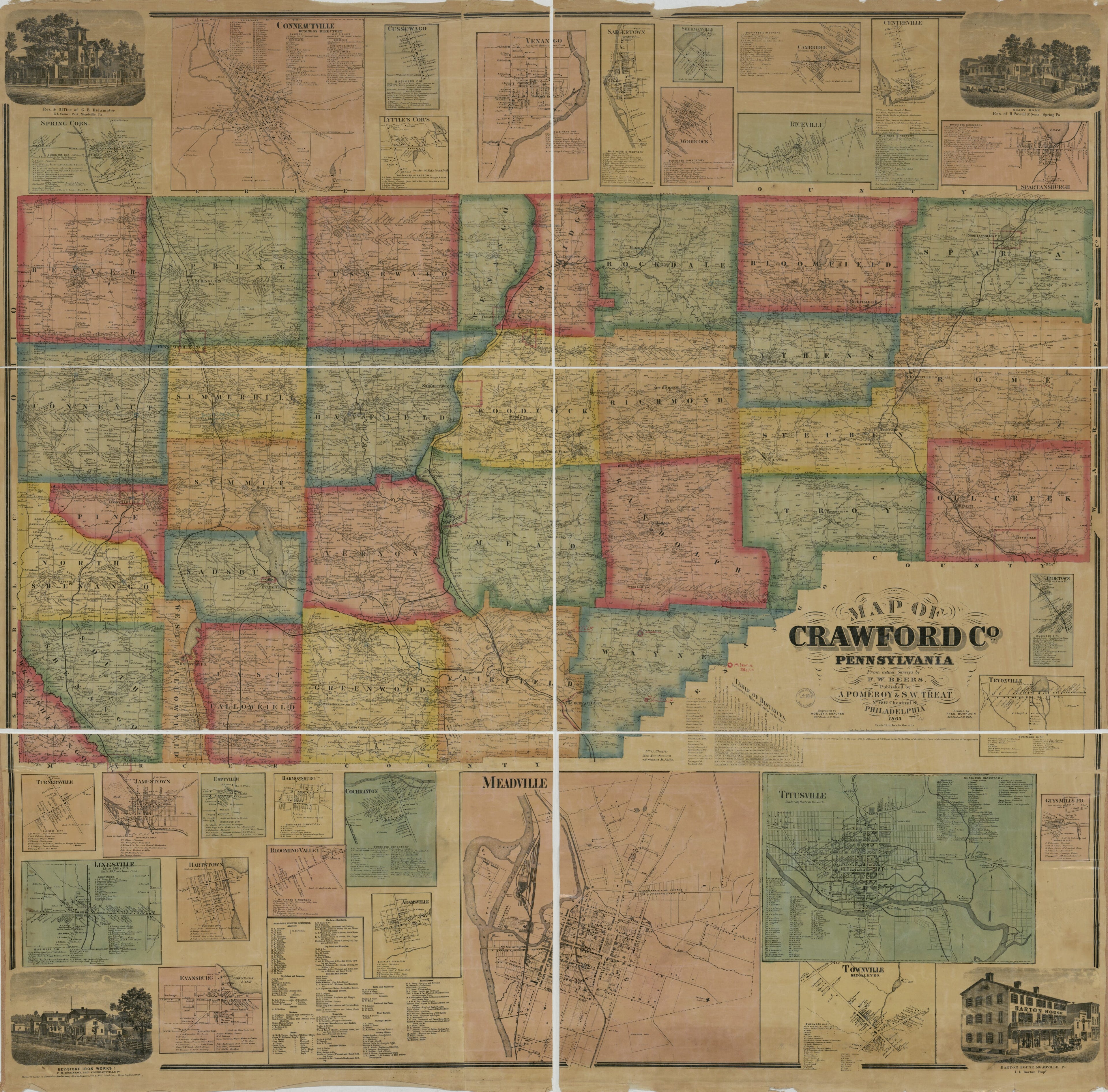 This old map of Map of Crawford Co., Pennsylvania : from Actual Surveys from 1865 was created by A. Pomeroy & S.W. Treat, F. W. (Frederick W.) Beers, F. (Frederick) Bourquin, William Otis Shearer, Worley & Bracher in 1865