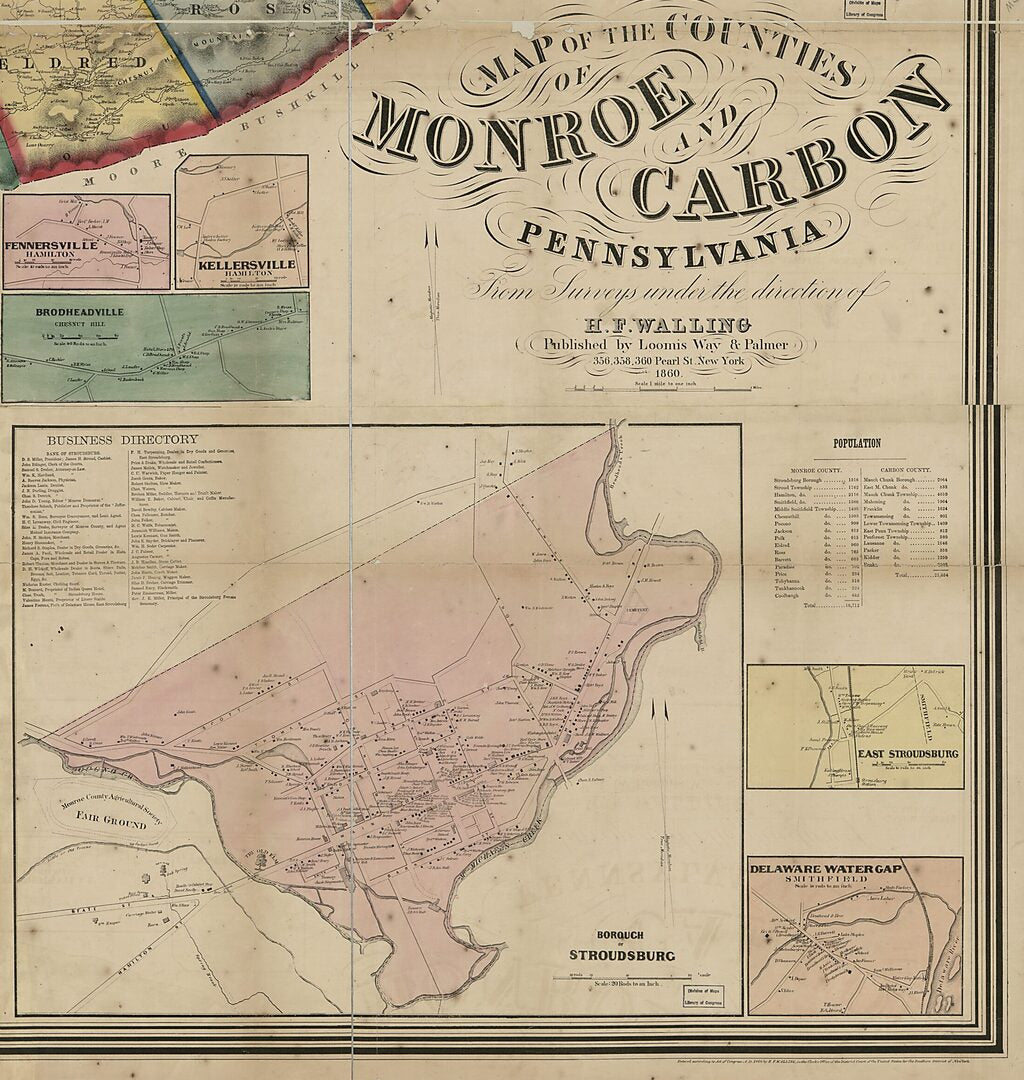 This old map of Map of the Counties of Monroe and Carbon, Pennsylvania from 1860 was created by  H.F. Walling&
