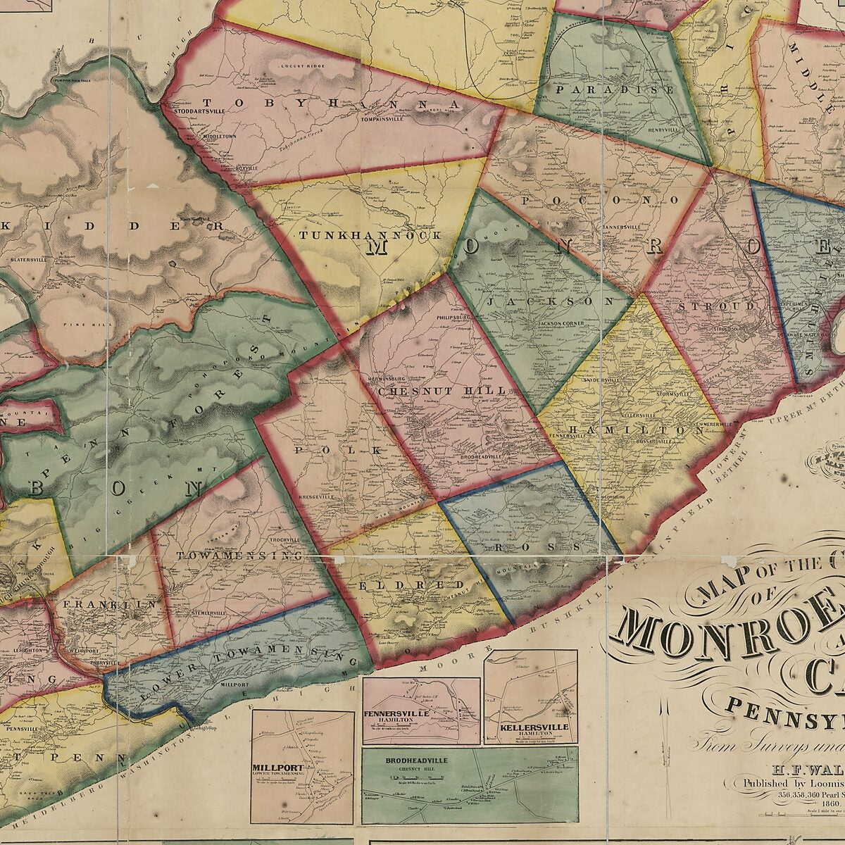 This old map of Map of the Counties of Monroe and Carbon, Pennsylvania from 1860 was created by  H.F. Walling&