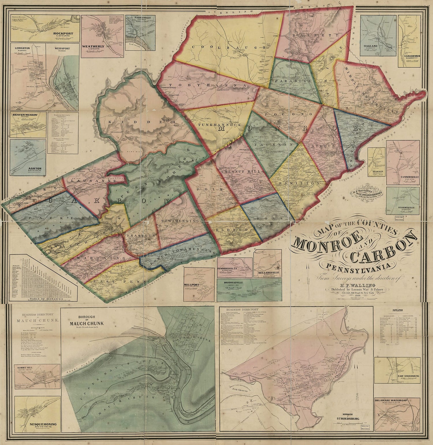 This old map of Map of the Counties of Monroe and Carbon, Pennsylvania from 1860 was created by  H.F. Walling&