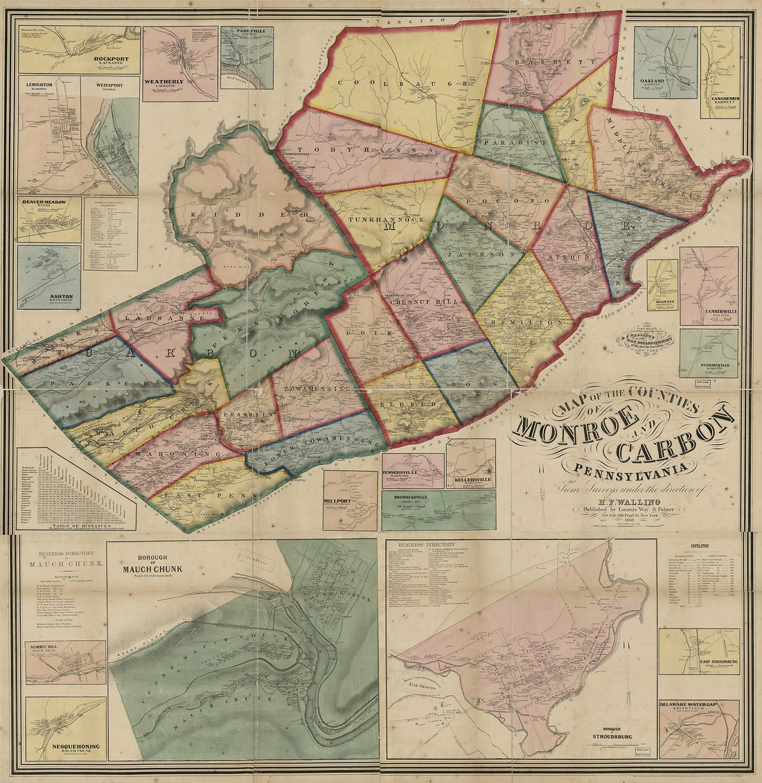 This old map of Map of the Counties of Monroe and Carbon, Pennsylvania from 1860 was created by H.F. Walling&
