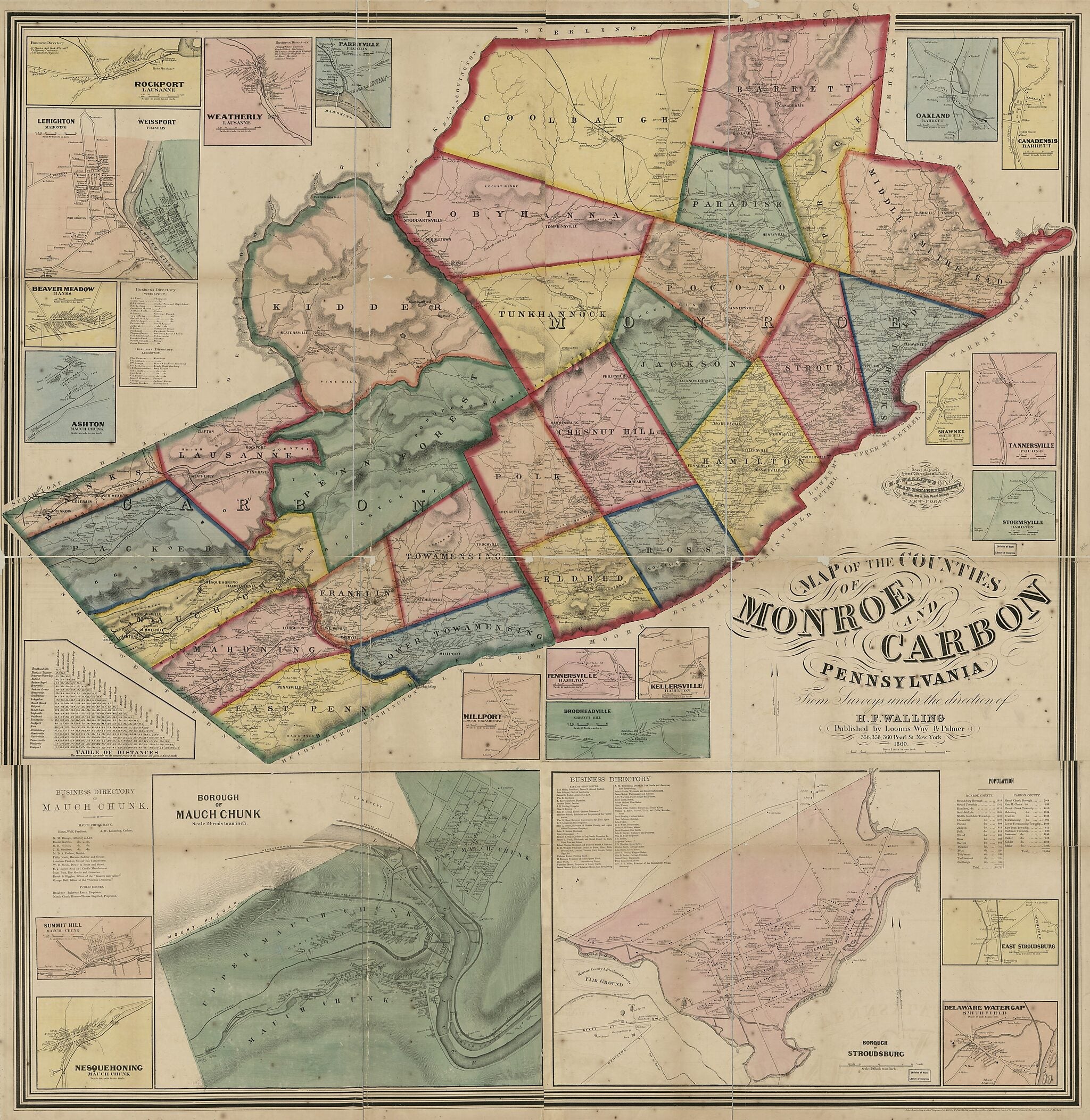 This old map of Map of the Counties of Monroe and Carbon, Pennsylvania from 1860 was created by H.F. Walling&