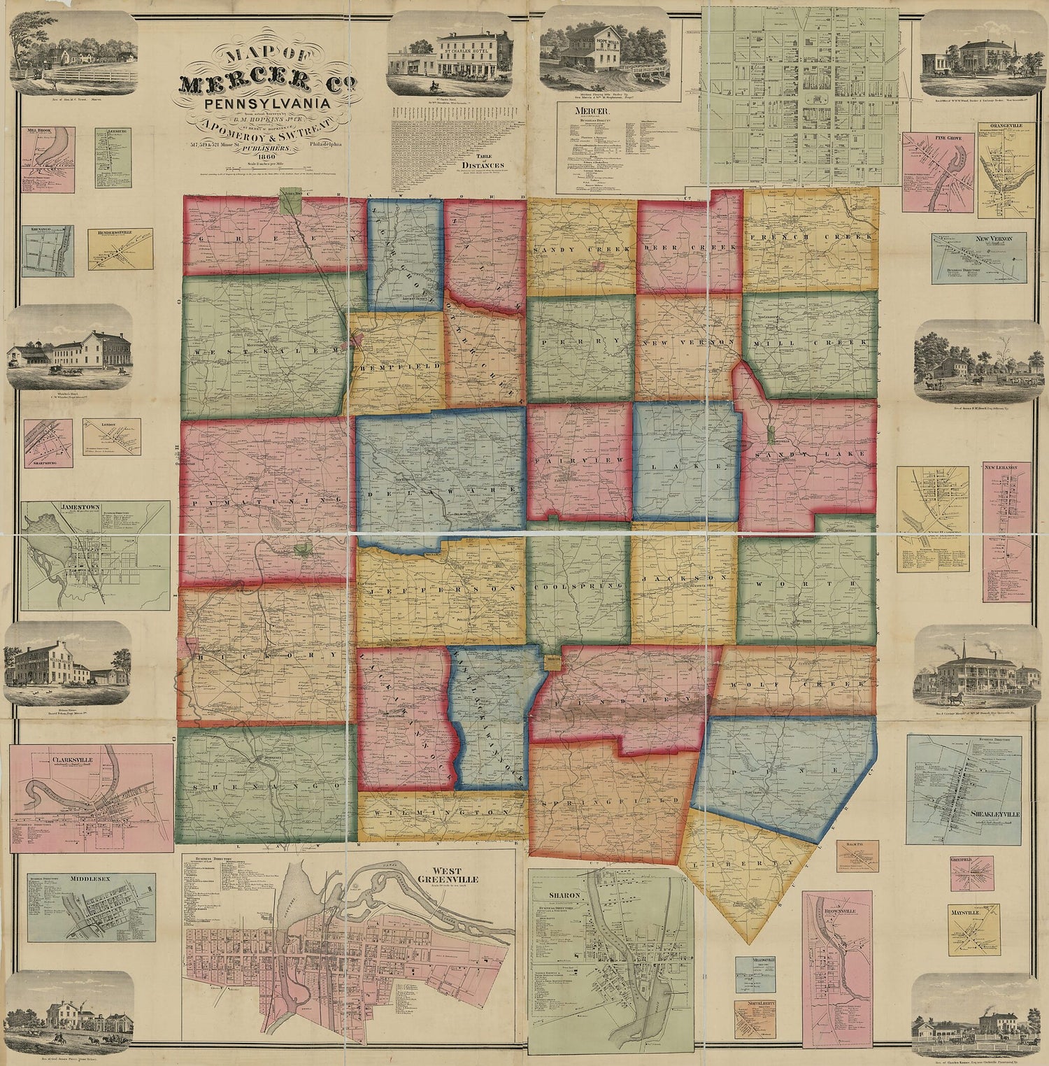 This old map of Map of Mercer County, Pennsylvania : from Actual Surveys from 1860 was created by  A. Pomeroy & S.W. Treat, Griffith Morgan Hopkins, H. W. (Henry Whitmer) Hopkins, A. Pomeroy in 1860