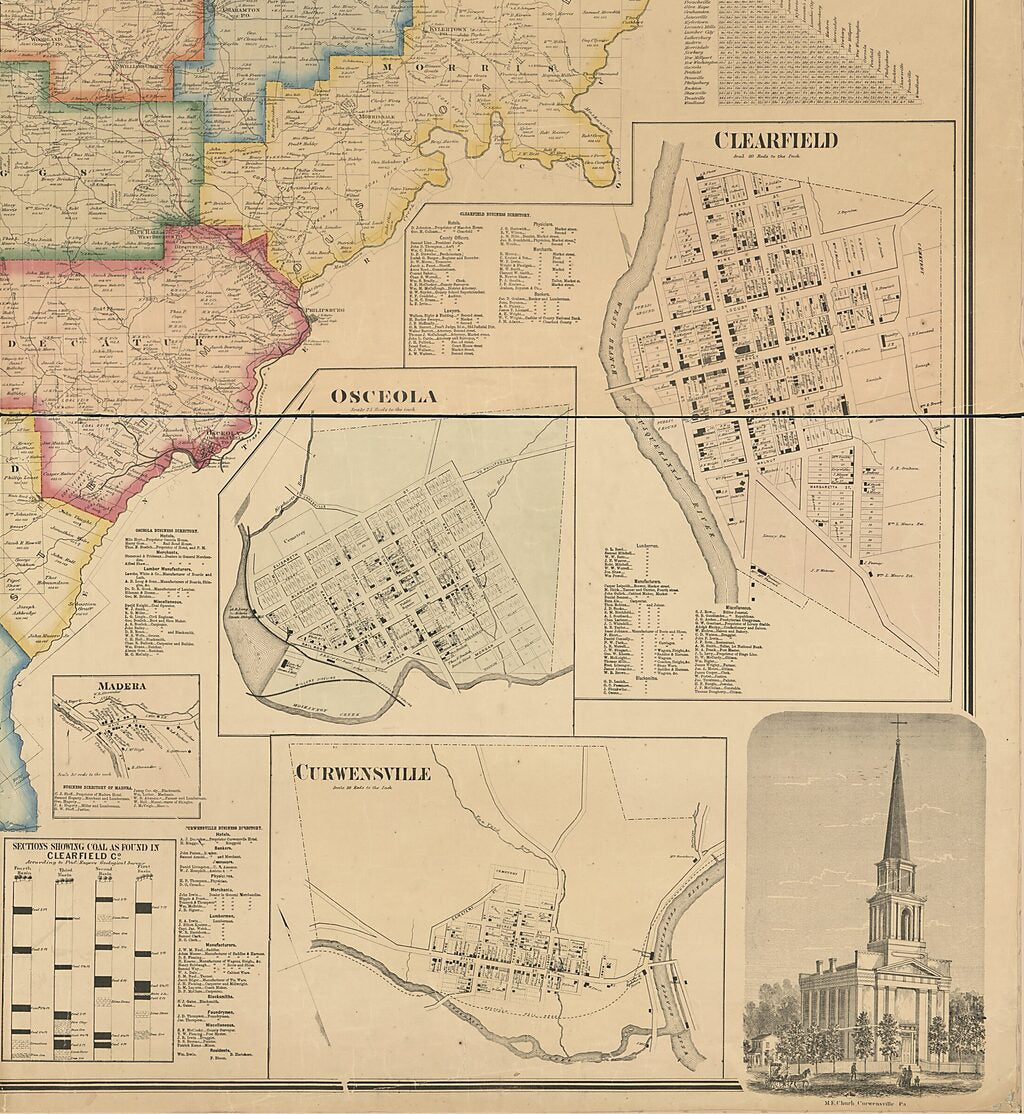 This old map of Map of Clearfield County, Pennsylvania : from Actual Surveys & Official Records from 1866 was created by D. G. (Daniel G.) Beers, F. (Frederick) Bourquin, J. H. Goodhue, A. Pomeroy, Frederick B. Roe,  Worley & Bracher in 1866