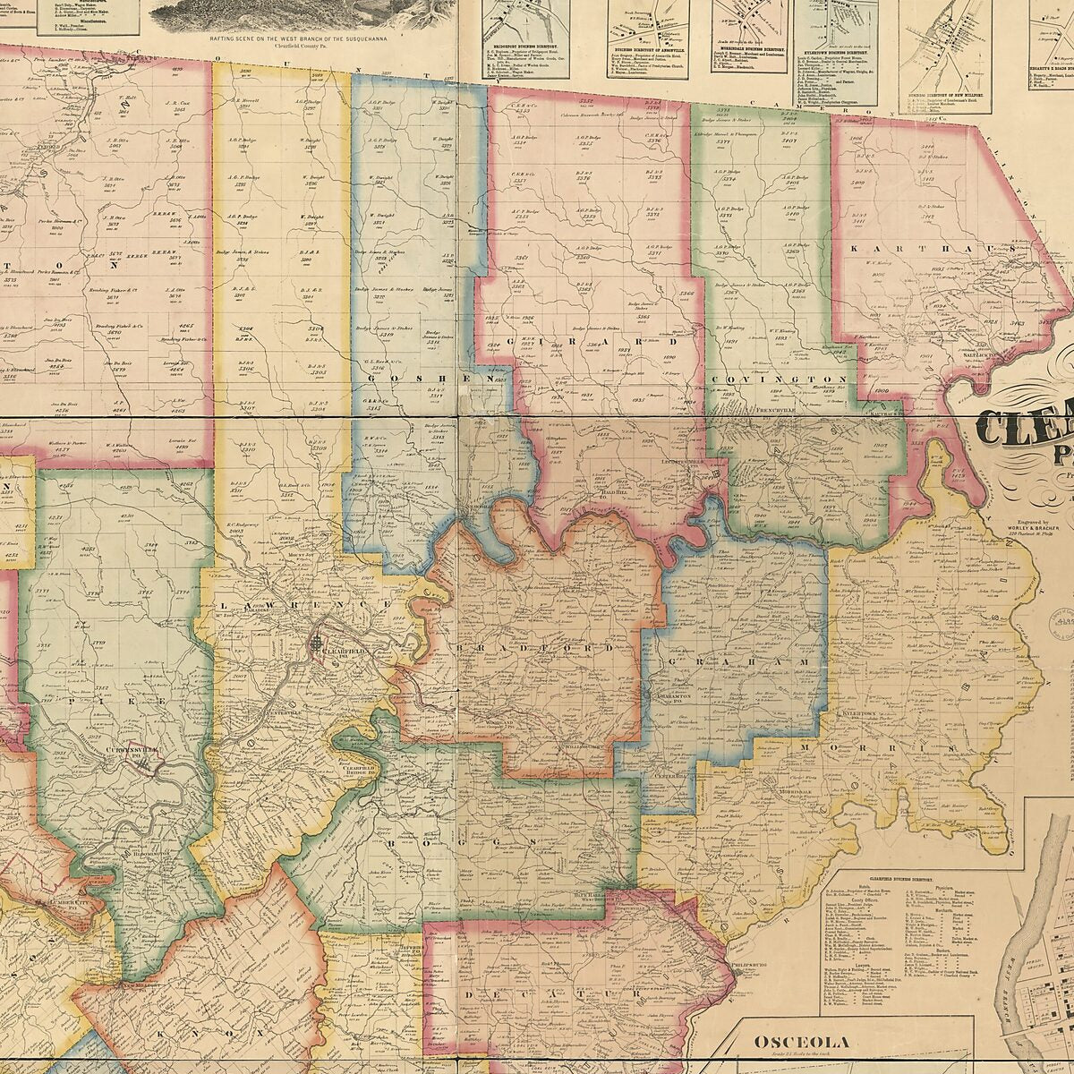 This old map of Map of Clearfield County, Pennsylvania : from Actual Surveys & Official Records from 1866 was created by D. G. (Daniel G.) Beers, F. (Frederick) Bourquin, J. H. Goodhue, A. Pomeroy, Frederick B. Roe,  Worley & Bracher in 1866