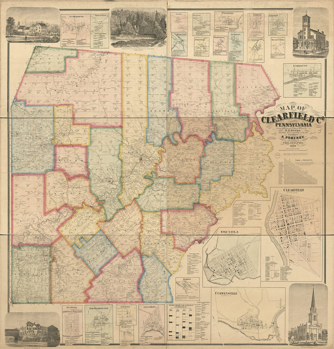 This old map of Map of Clearfield County, Pennsylvania : from Actual Surveys & Official Records from 1866 was created by D. G. (Daniel G.) Beers, F. (Frederick) Bourquin, J. H. Goodhue, A. Pomeroy, Frederick B. Roe, Worley & Bracher in 1866