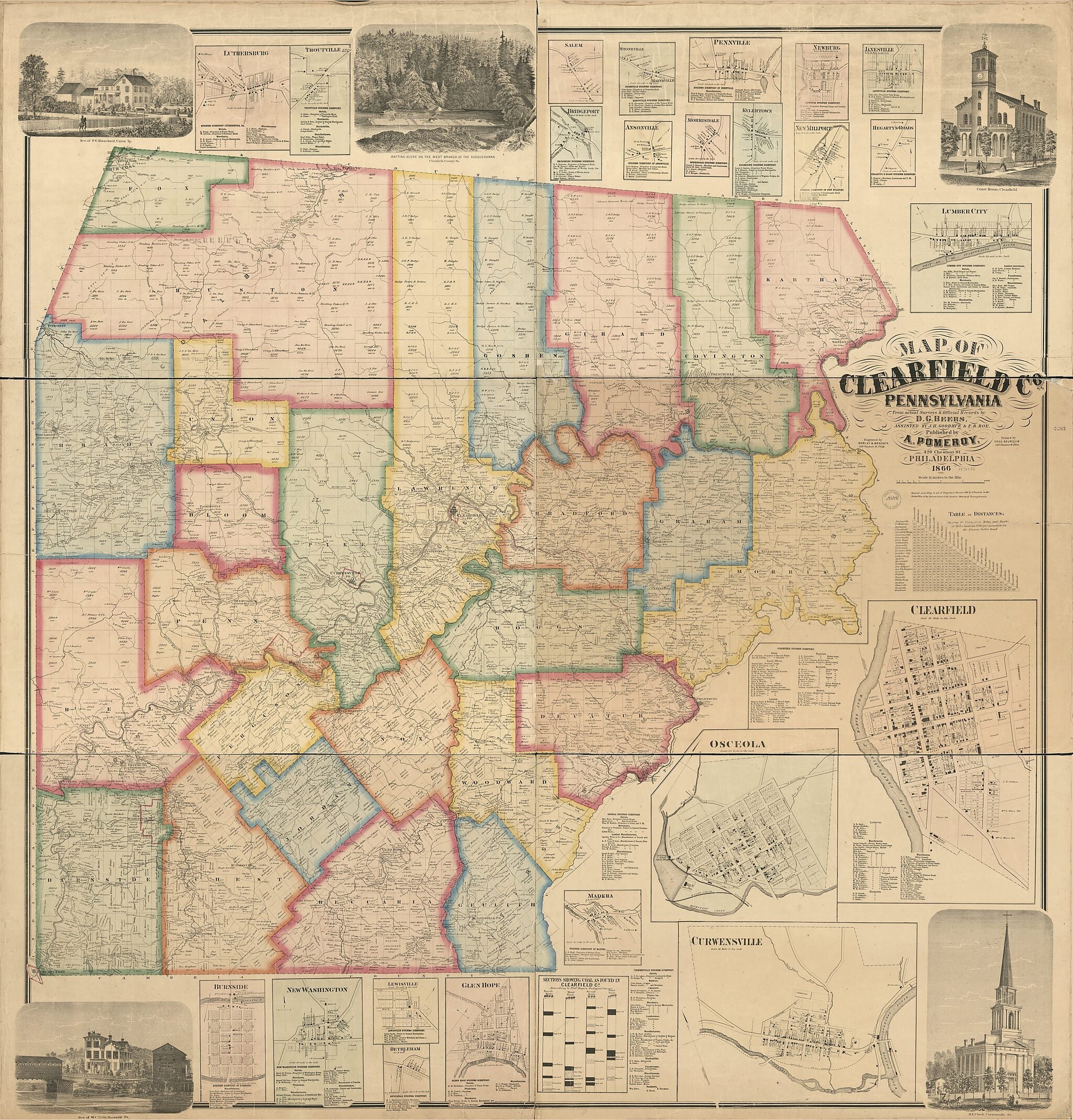 This old map of Map of Clearfield County, Pennsylvania : from Actual Surveys & Official Records from 1866 was created by D. G. (Daniel G.) Beers, F. (Frederick) Bourquin, J. H. Goodhue, A. Pomeroy, Frederick B. Roe, Worley & Bracher in 1866