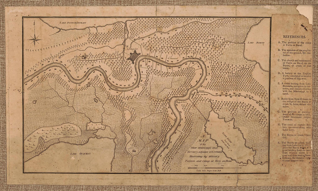 This old map of A Map of the River Mississippi and Territory Adjacent to N. Orleans Illustrating the Military Position and Camp at Terre Au Boeuf from 1815 was created by  in 1815
