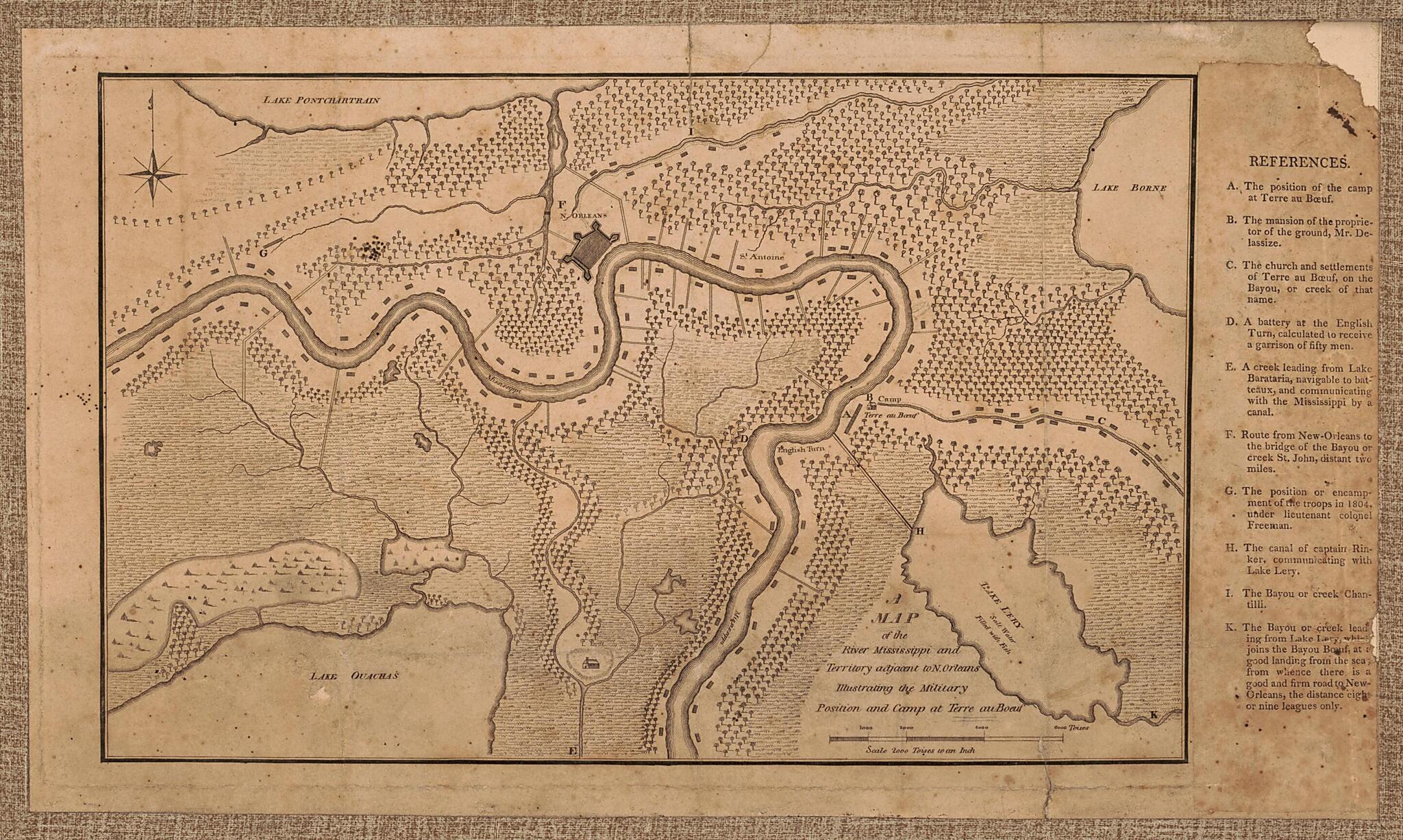 This old map of A Map of the River Mississippi and Territory Adjacent to N. Orleans Illustrating the Military Position and Camp at Terre Au Boeuf from 1815 was created by in 1815