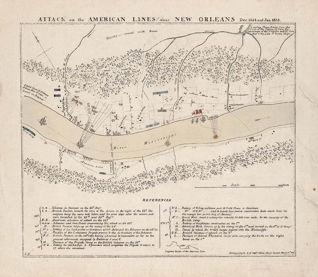 This old map of Attack On the American Lines Near New Orleans Dec. 1814 and Jan. from 1815 was created by General&