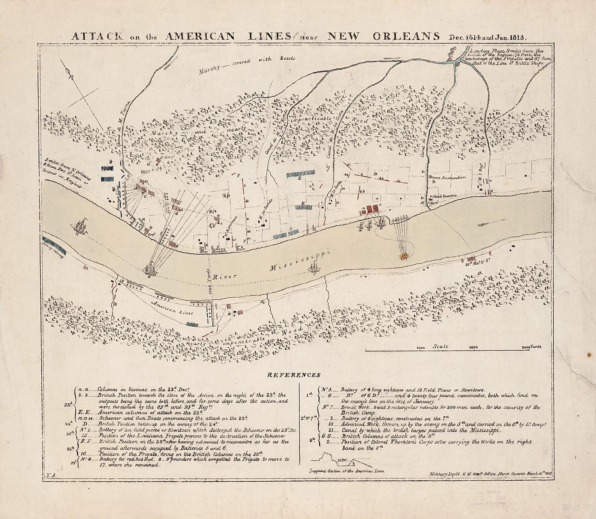 This old map of Attack On the American Lines Near New Orleans Dec. 1814 and Jan. from 1815 was created by General&
