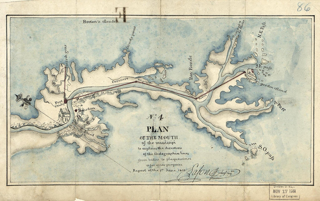 This old map of Plan of the Mouth of the Mississipi to Explain the Direction of the Thelegraphies Lines from Balize to Plaquemines & for Other Puposes : No. 4, Report of the 1st June from 1813 was created by Barthélémy Lafon, United States. War Depart