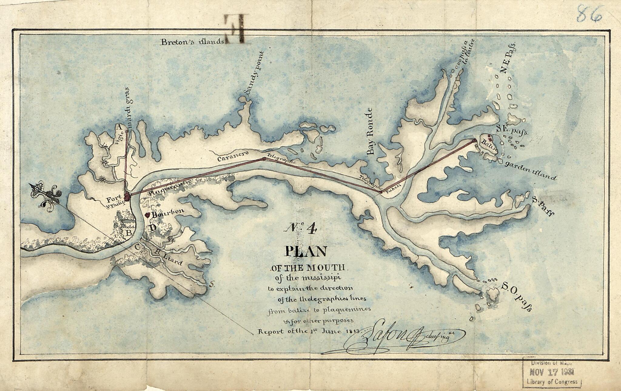 This old map of Plan of the Mouth of the Mississipi to Explain the Direction of the Thelegraphies Lines from Balize to Plaquemines & for Other Puposes : No. 4, Report of the 1st June from 1813 was created by Barthélémy Lafon, United States. War Depart