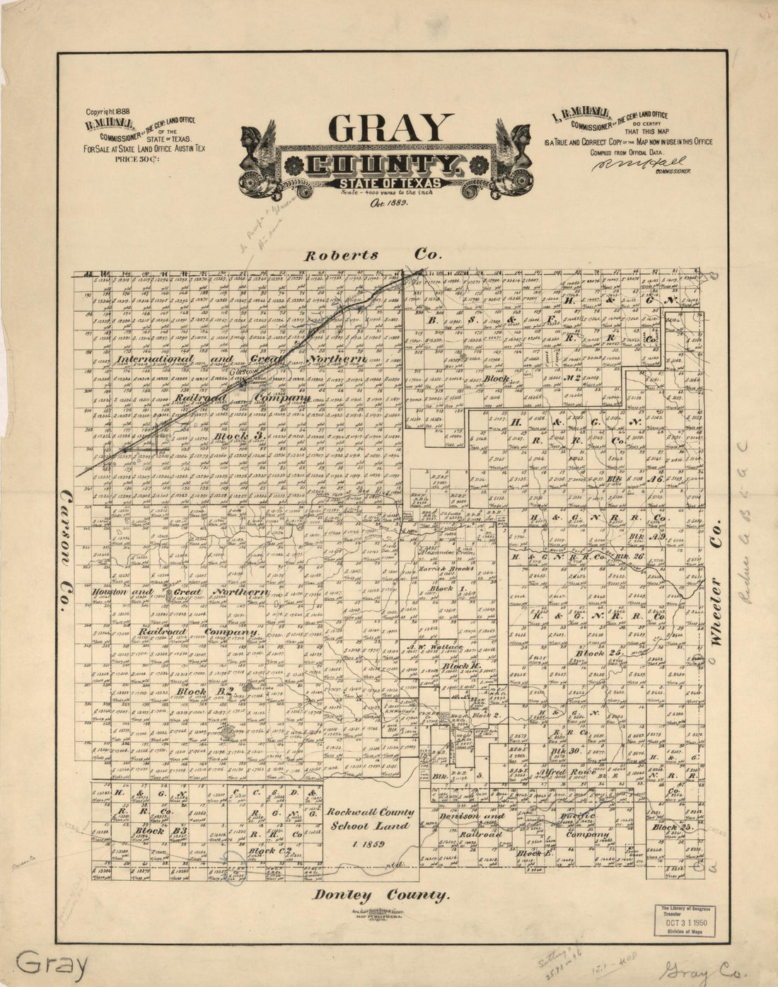 This old map of Gray County, State of Texas from 1889 was created by August Gast & Co, R. M. Hall, Texas. General Land Office in 1889