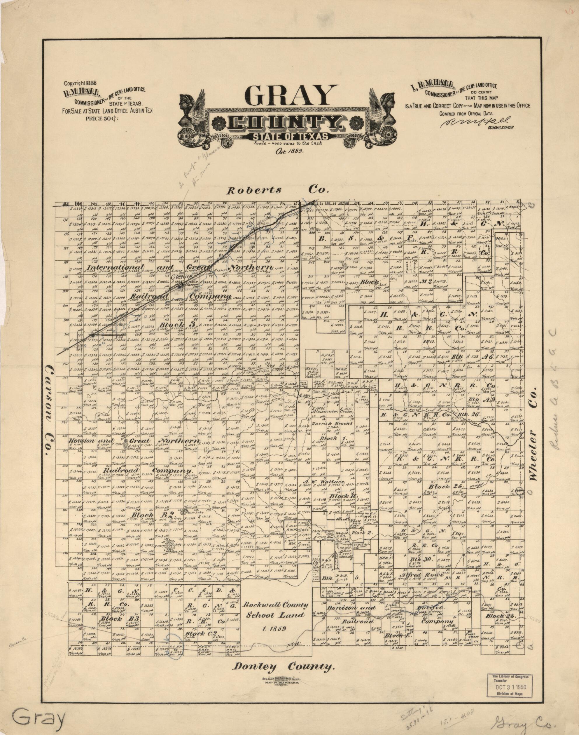 This old map of Gray County, State of Texas from 1889 was created by August Gast & Co, R. M. Hall, Texas. General Land Office in 1889