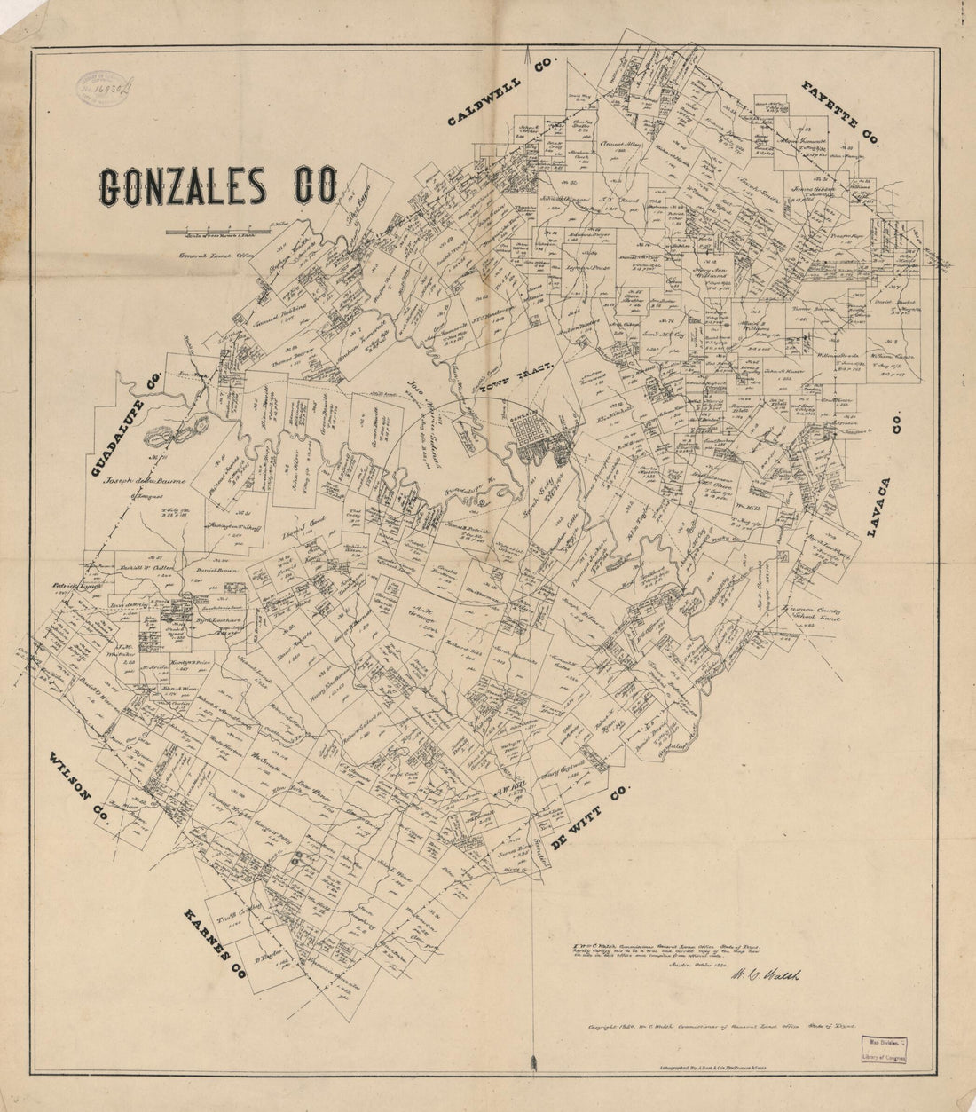 This old map of Gonzales Co. (Gonzales County, Texas) from 1880 was created by August Gast & Co, Texas. General Land Office, W. C. (William C.) Walsh in 1880
