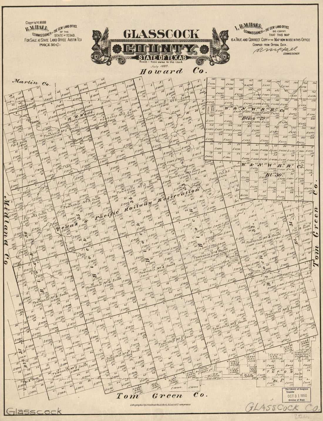 This old map of Glasscock County, State of Texas from 1889 was created by August Gast & Co, R. M. Hall, Texas. General Land Office in 1889