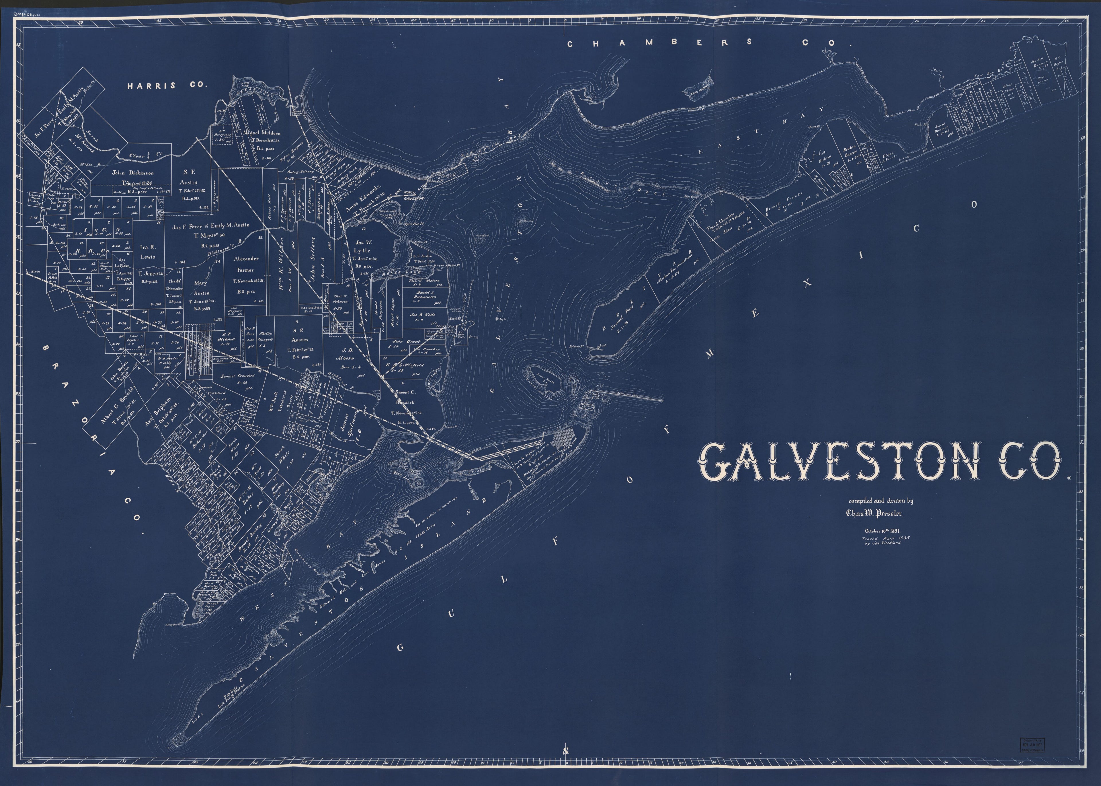 This old map of Galveston Co. (Galveston County) from 1891 was created by Chas. W. Pressler, Texas. General Land Office in 1891