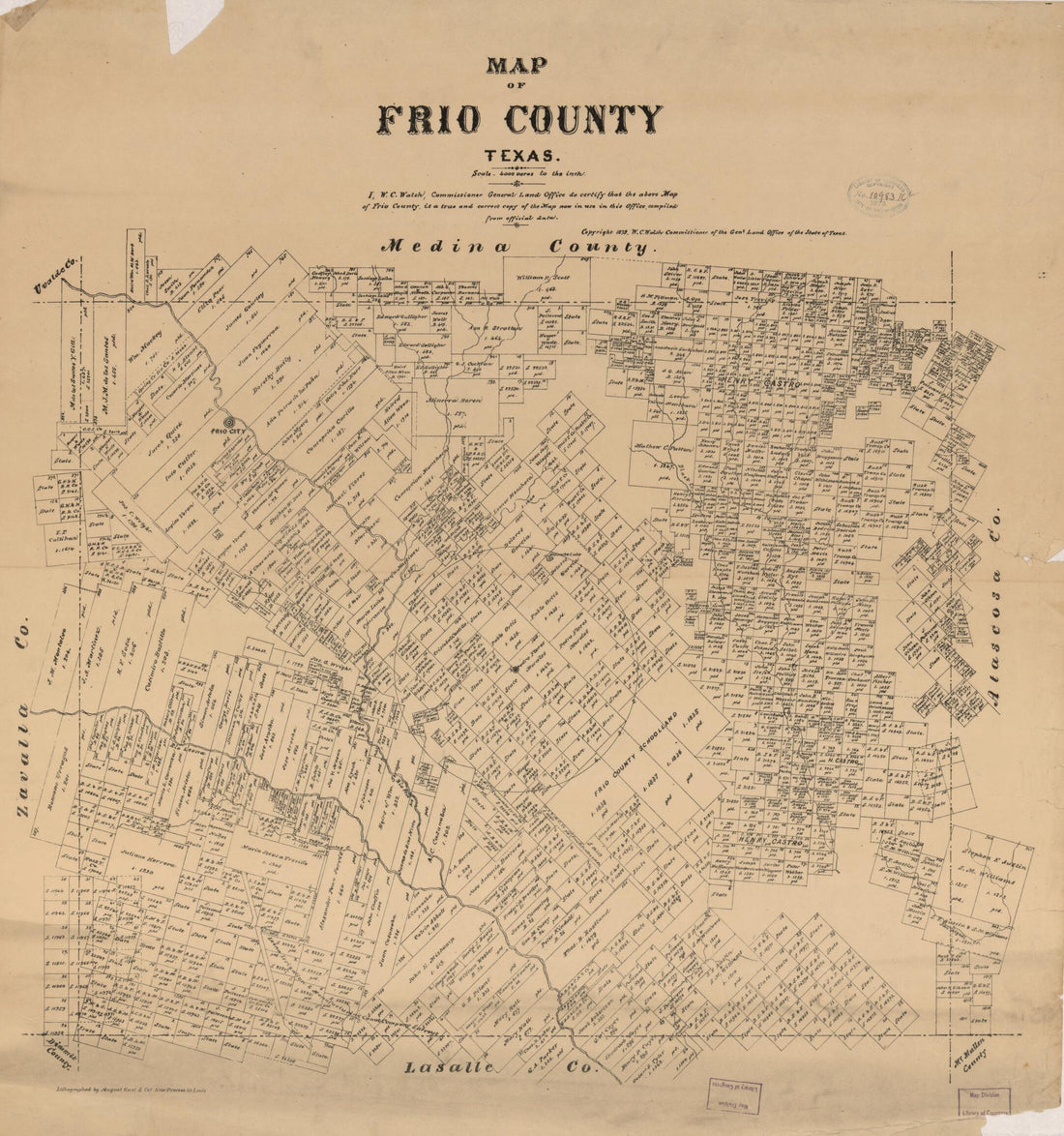 This old map of Map of Frio County, Texas from 1879 was created by August Gast & Co, Texas. General Land Office, W. C. (William C.) Walsh in 1879