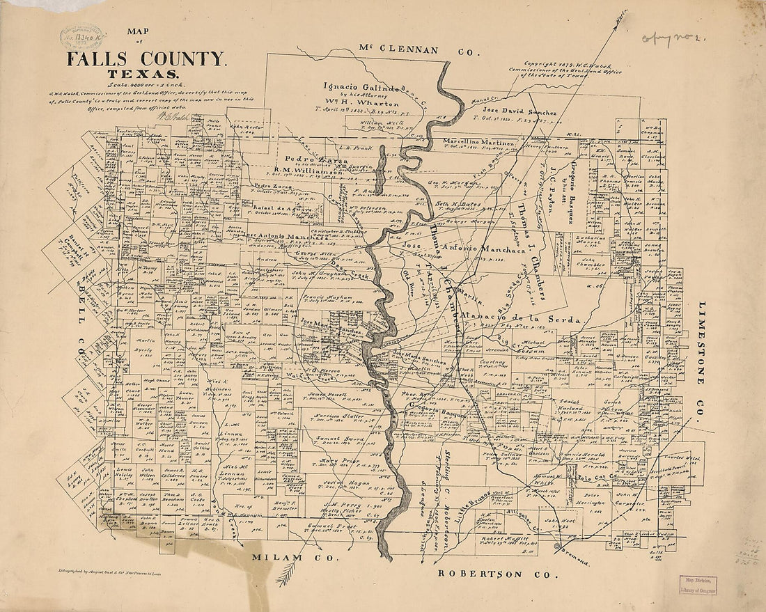 This old map of Map of Falls County, Texas from 1879 was created by August Gast & Co, Texas. General Land Office, W. C. (William C.) Walsh in 1879