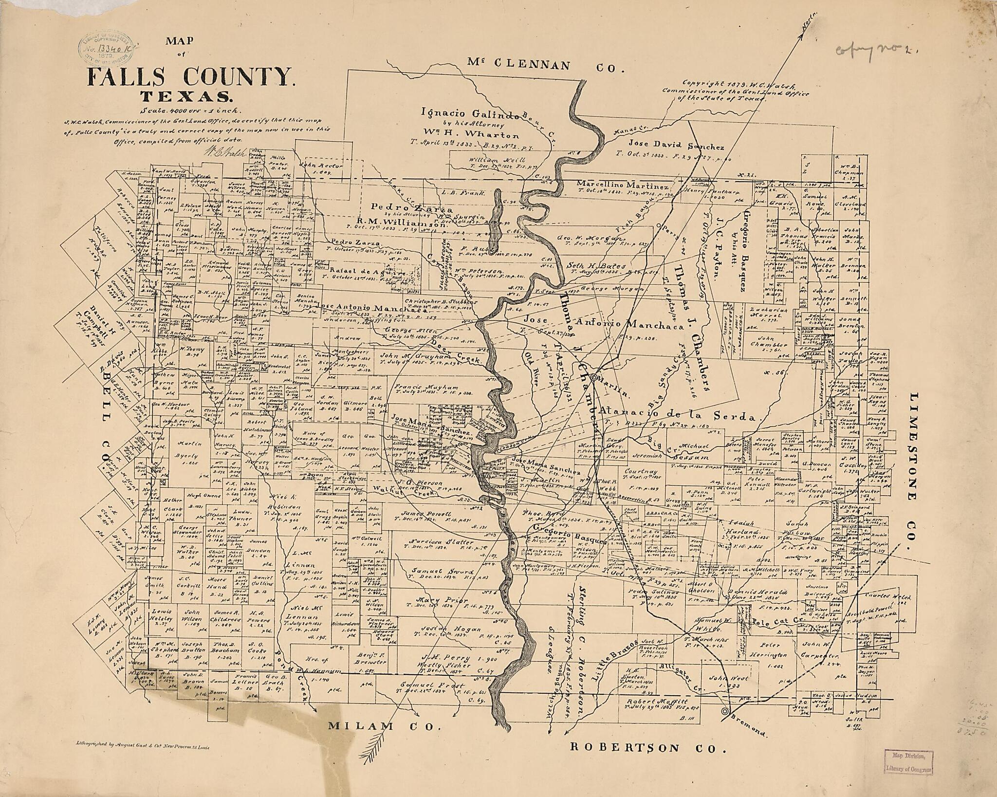 This old map of Map of Falls County, Texas from 1879 was created by August Gast & Co, Texas. General Land Office, W. C. (William C.) Walsh in 1879