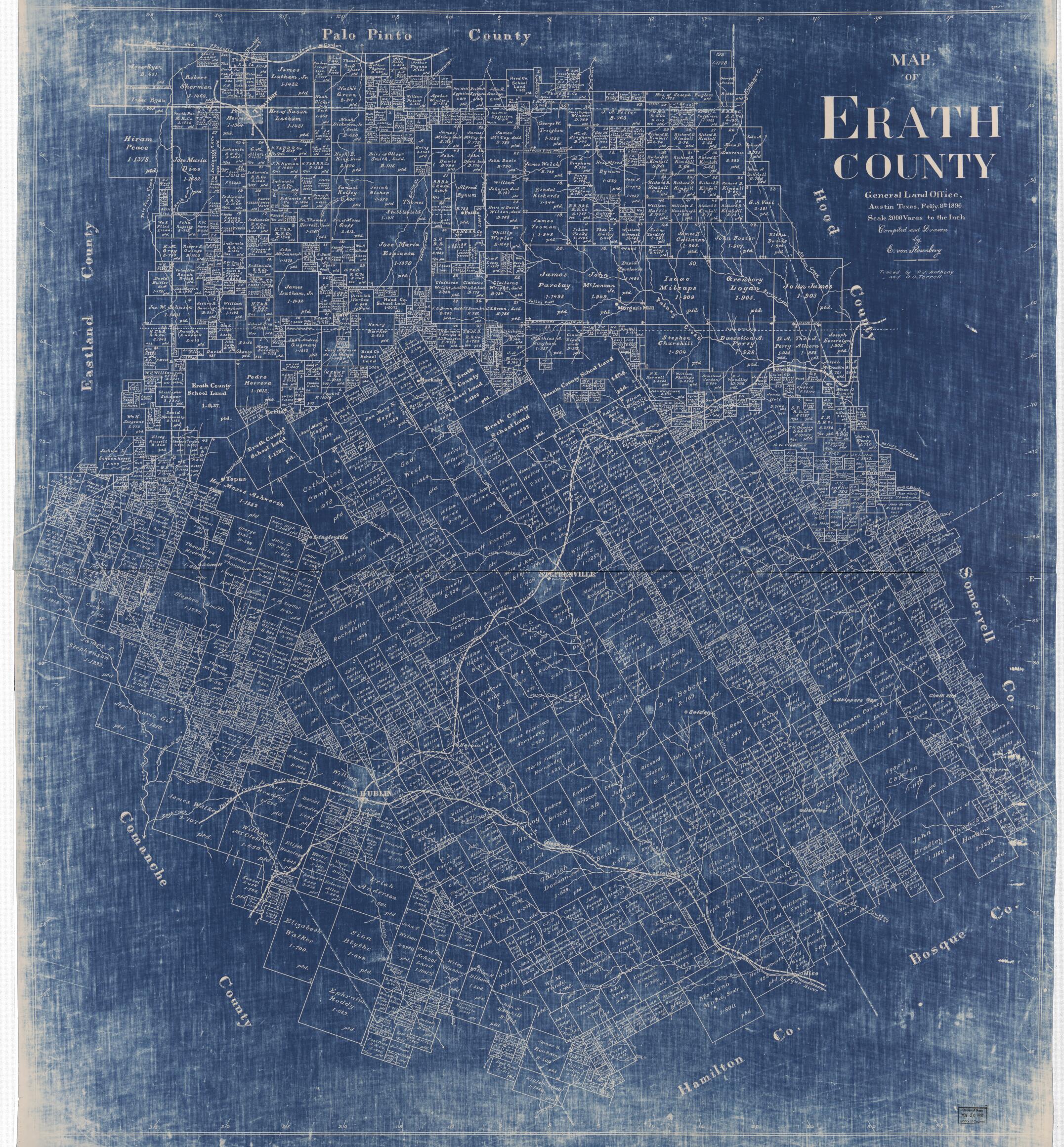This old map of Map of Erath County from 1896 was created by E. Von Rosenberg, Texas. General Land Office in 1896