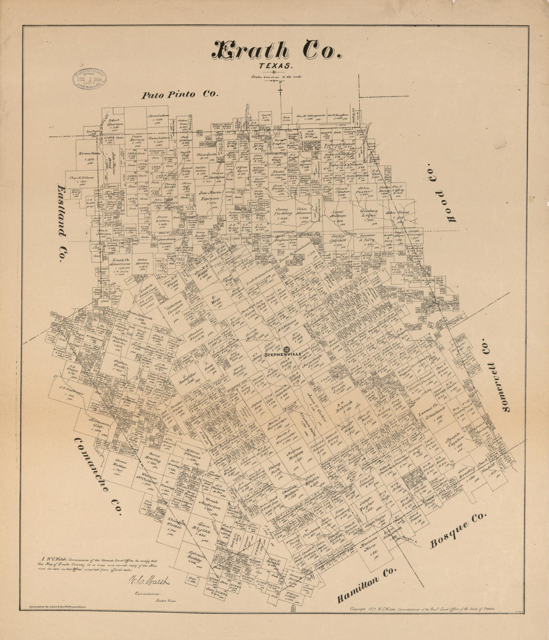 This old map of Erath Co., Texas. (Erath County, Texas) from 1879 was created by August Gast & Co, Texas. General Land Office, W. C. (William C.) Walsh in 1879