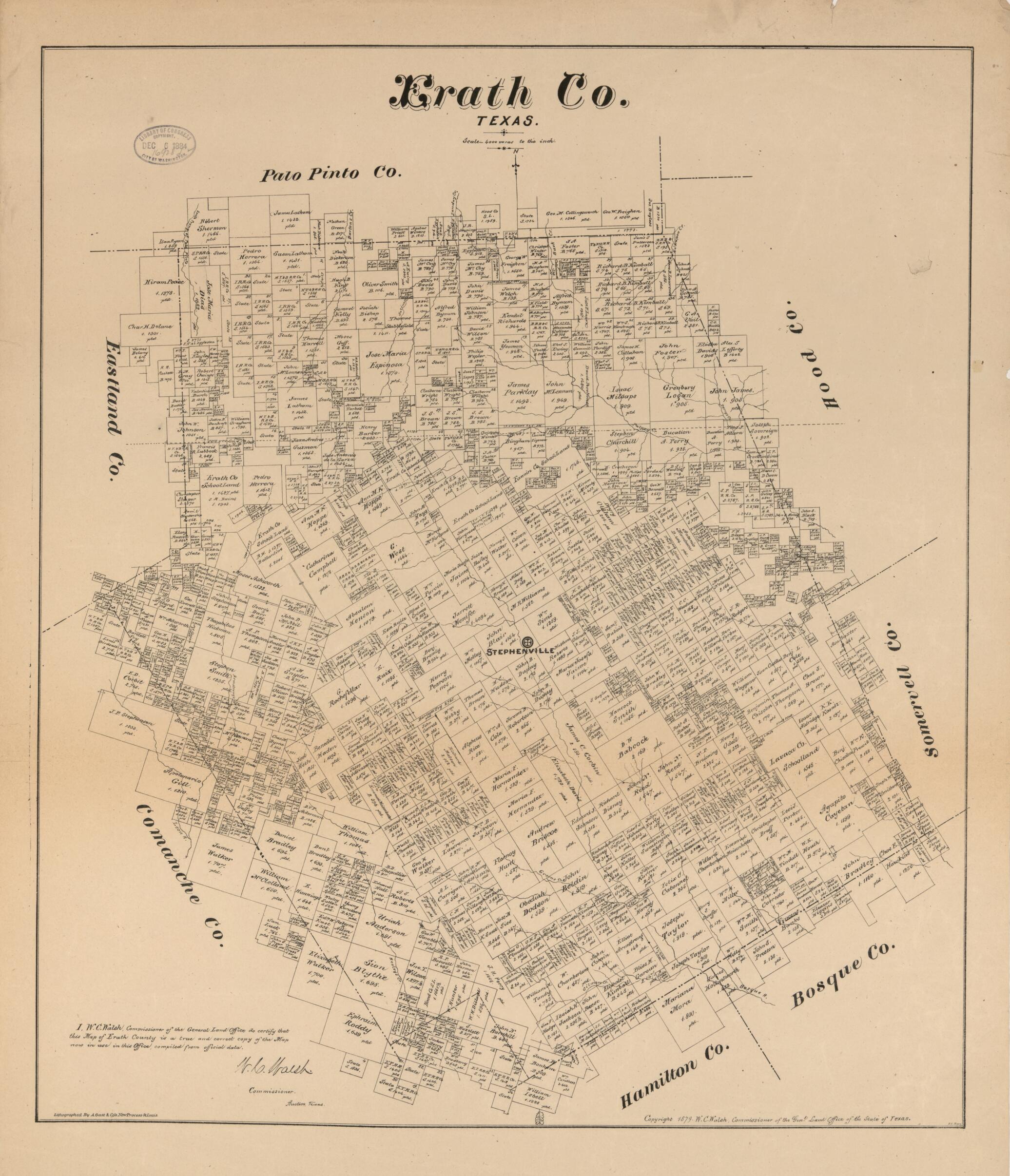 This old map of Erath Co., Texas. (Erath County, Texas) from 1879 was created by August Gast & Co, Texas. General Land Office, W. C. (William C.) Walsh in 1879